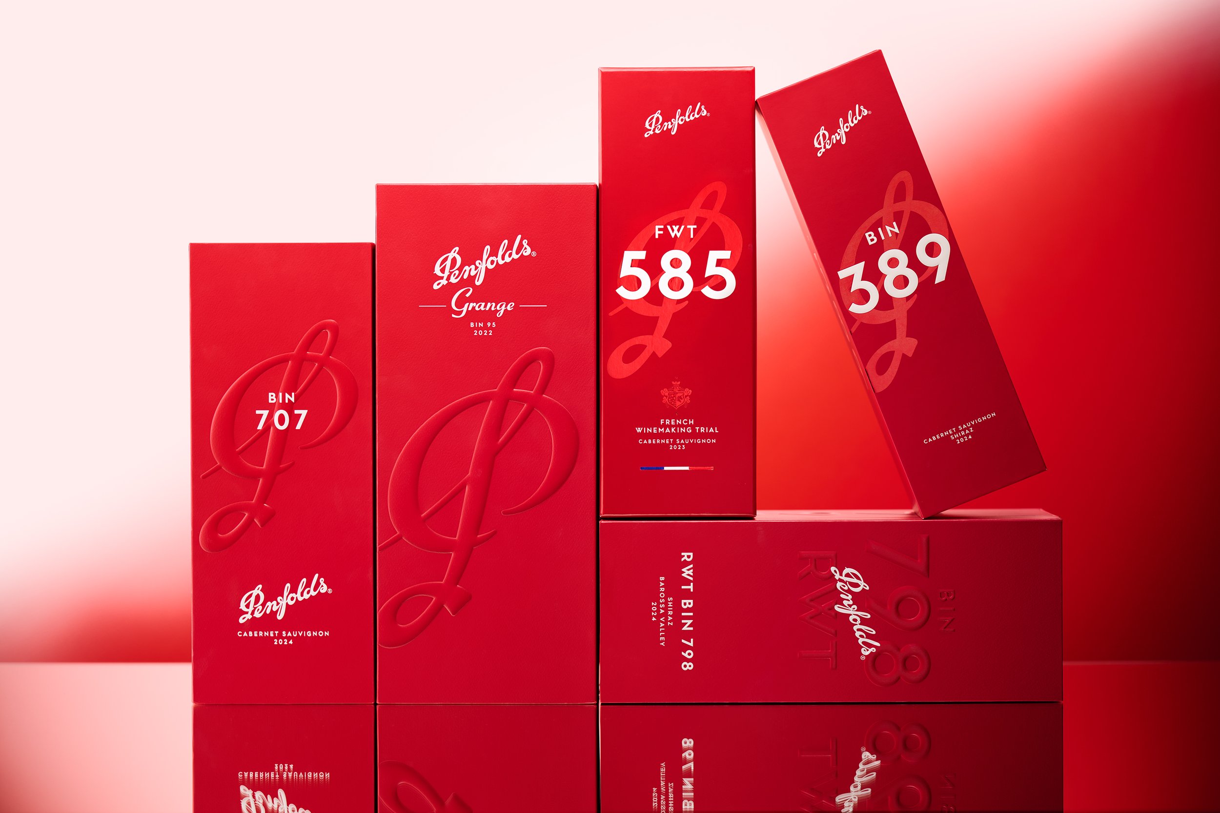Boxes of 2026 Penfolds Collection bottles, including 2024 Bin 707.