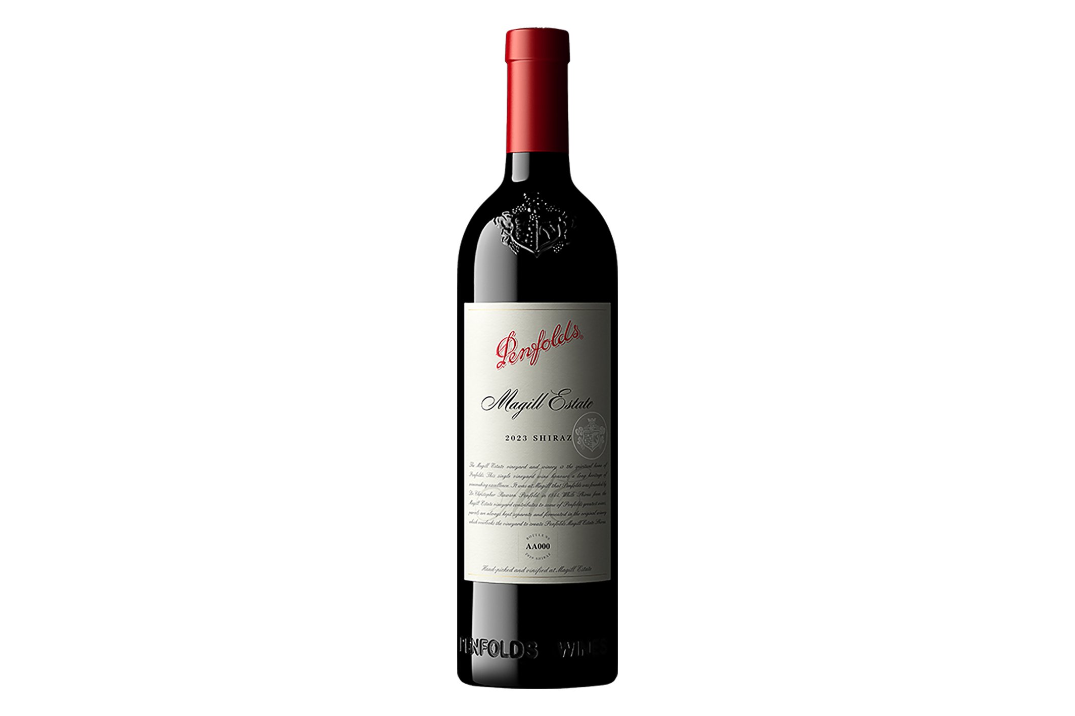 Bottle of Penfolds Magill Estate Shiraz 2021 on a white background.