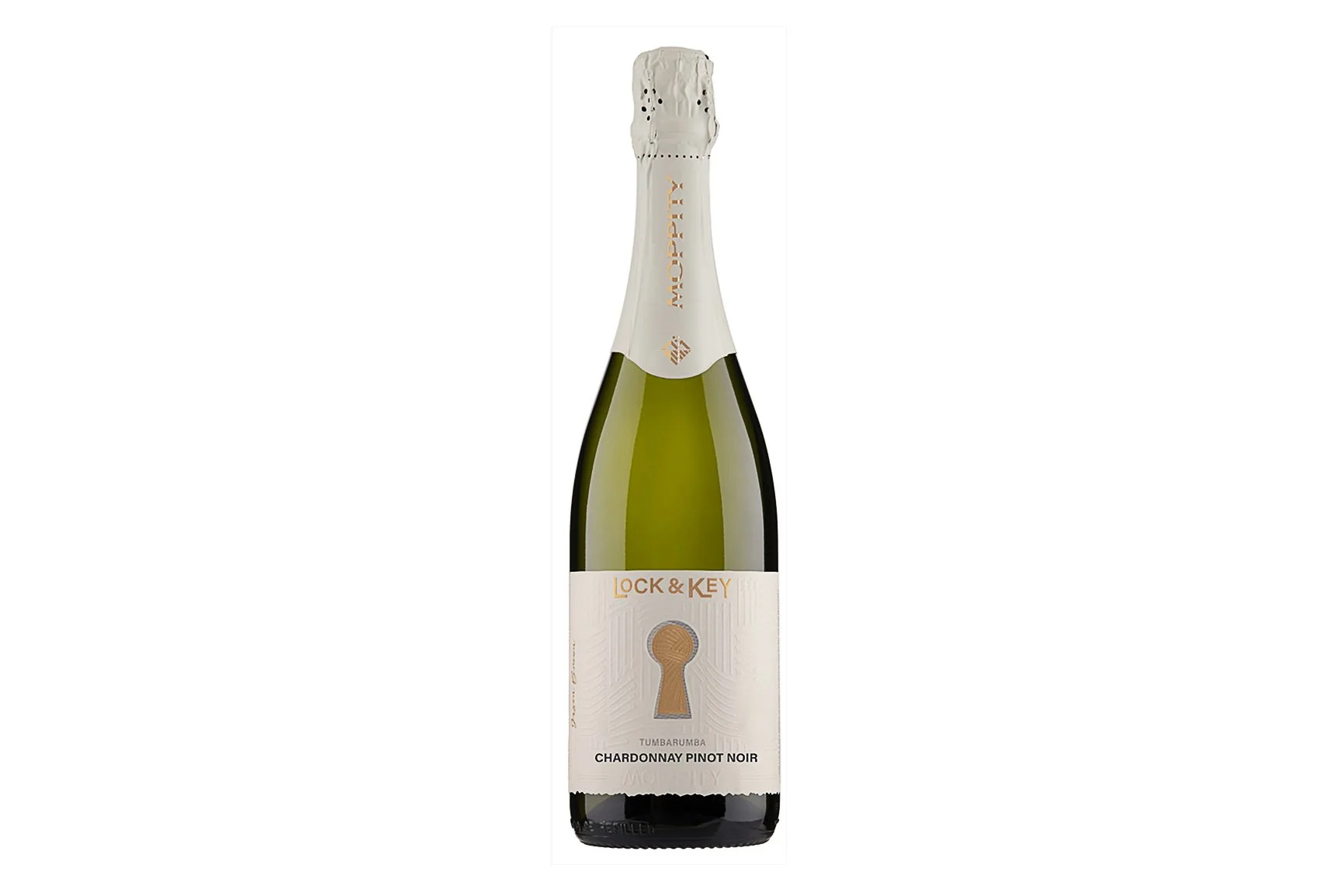 Bottle of Moppity Lock & Key Pinot Noir Chardonnay 2025.