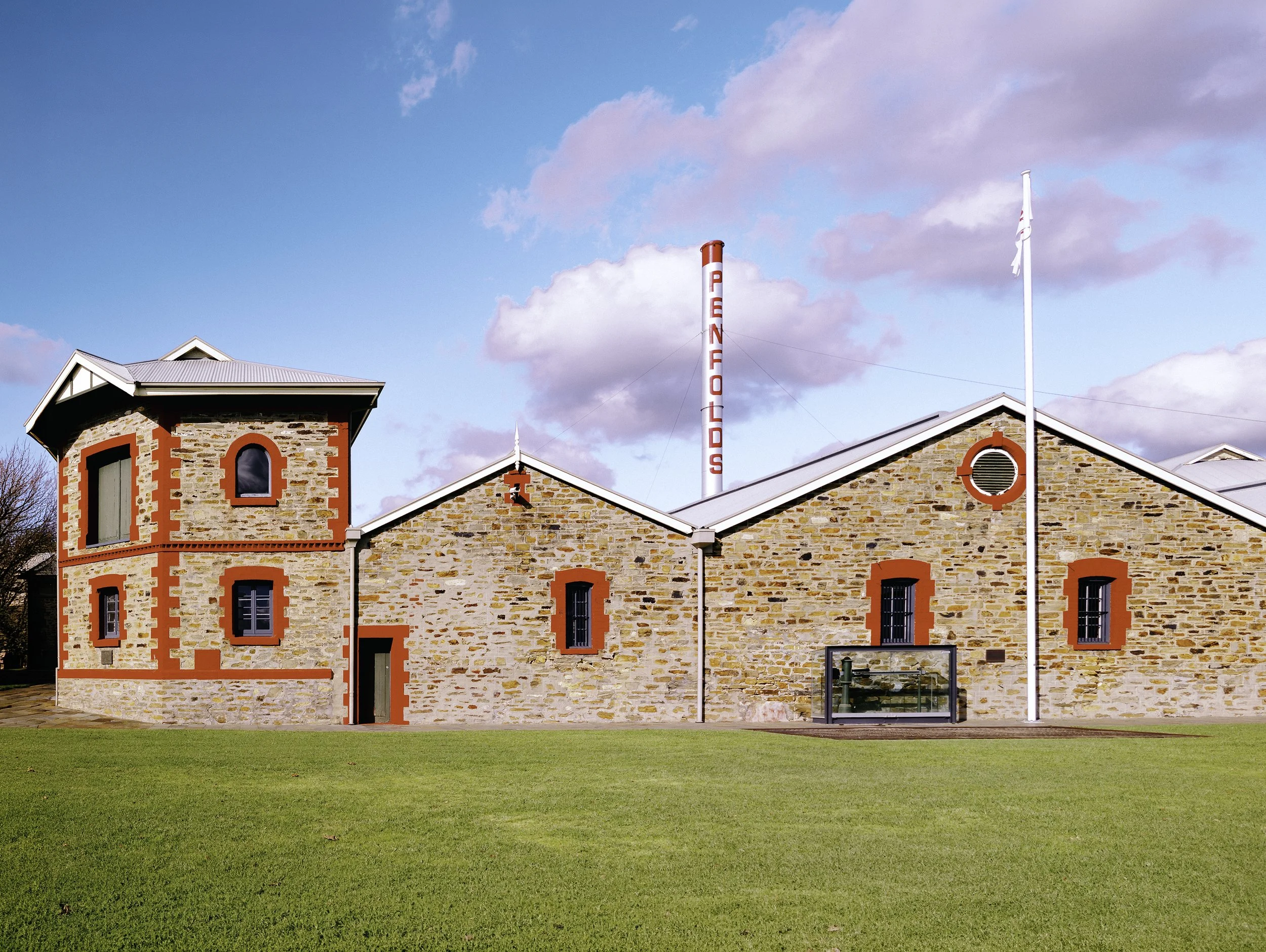 Exterior shot of Penfolds Magill Estate buildings, taken in 2026, full sun.