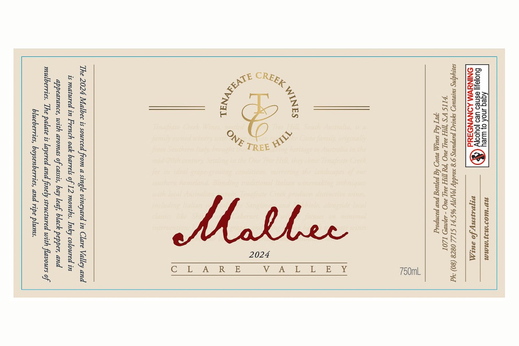 Bottle of Tenafeate Creek Wines One Tree Hill Malbec 2024.