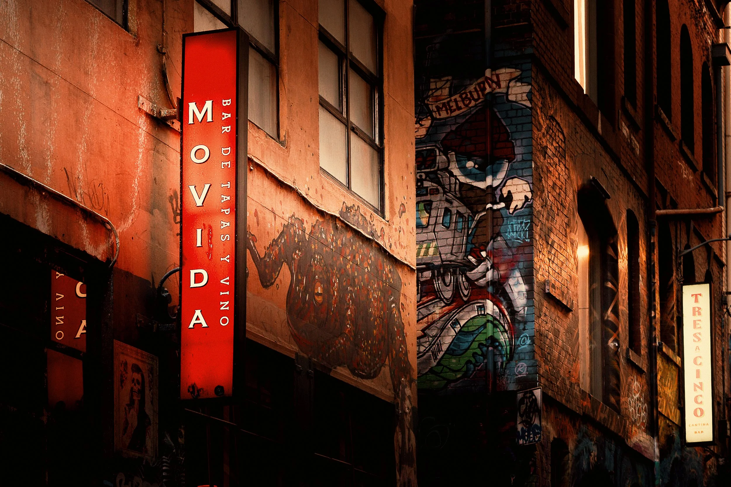 Sign out the front of the famous Movida Restaurant in the Melbourne CBD, taken by Mattinson Food Photography.