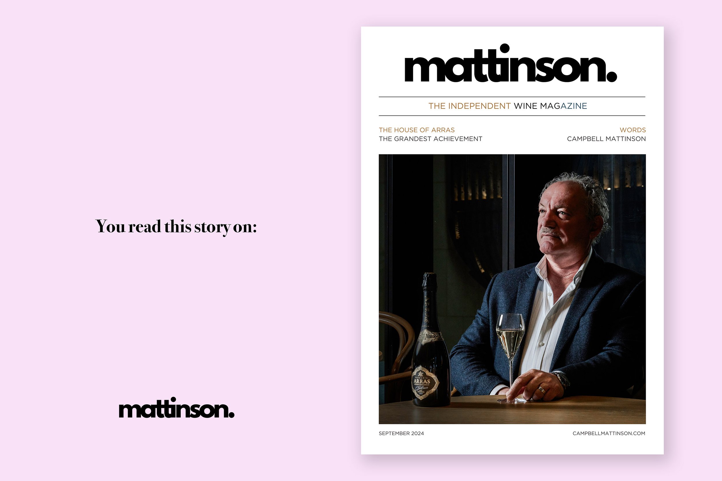 Magazine cover titled 'Mattinson' featuring winemaker Ed Carr of House of Arras wines in a suit sitting at a table with a bottle of wine and a glass of wine, looking contemplative.