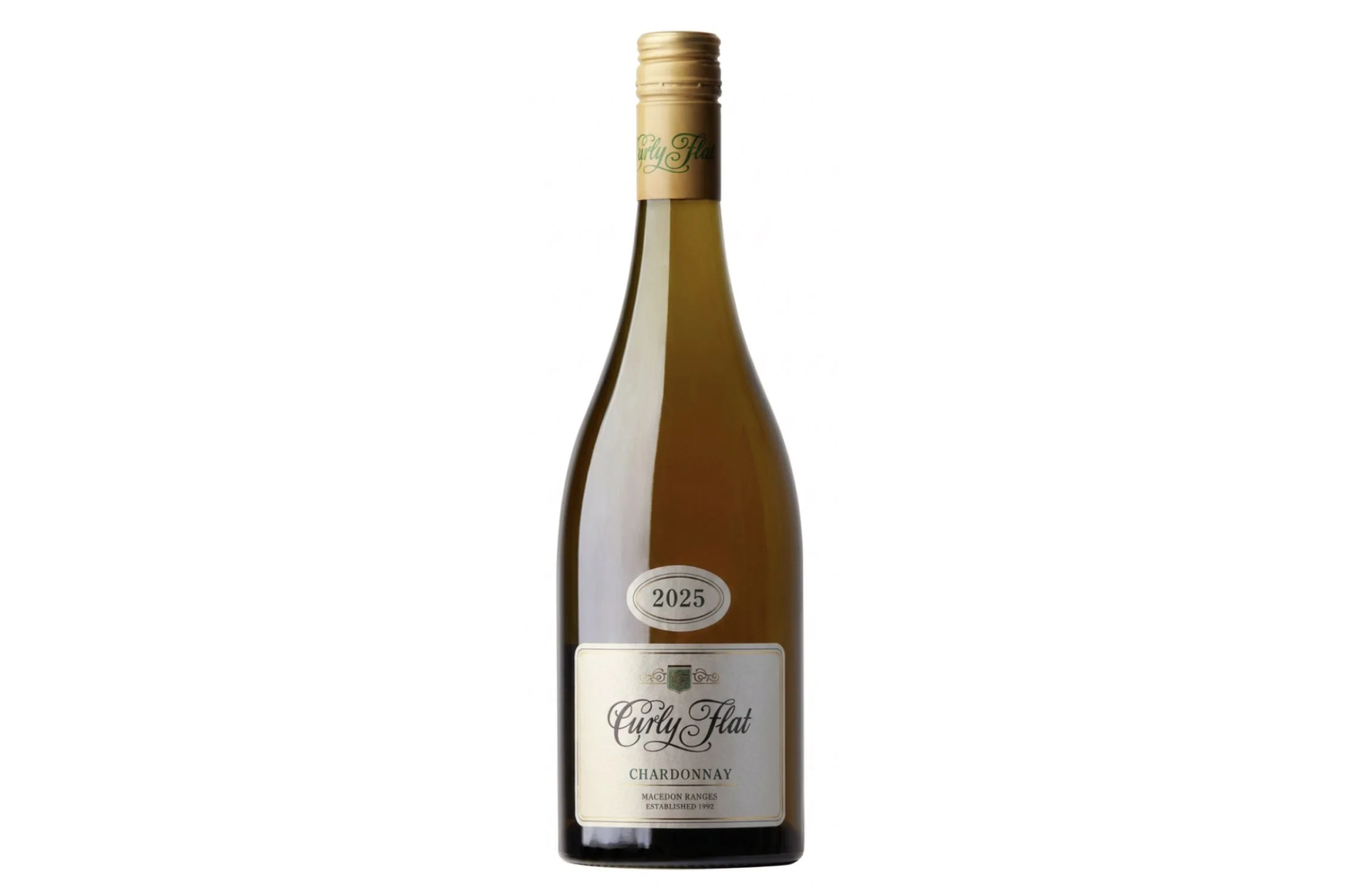 Bottle of Curly Flat Chardonnay 2025.