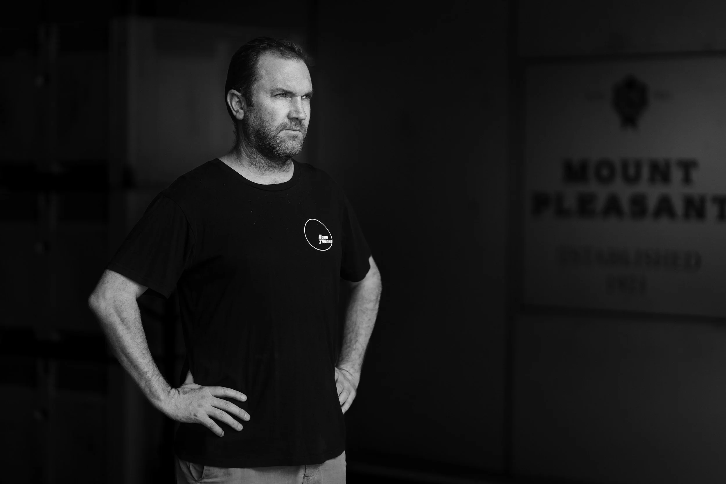 Winemaker Adrian Sparks stands at the door of Mount Pleasant Wines in the Hunter Valley and surveys the landscape.