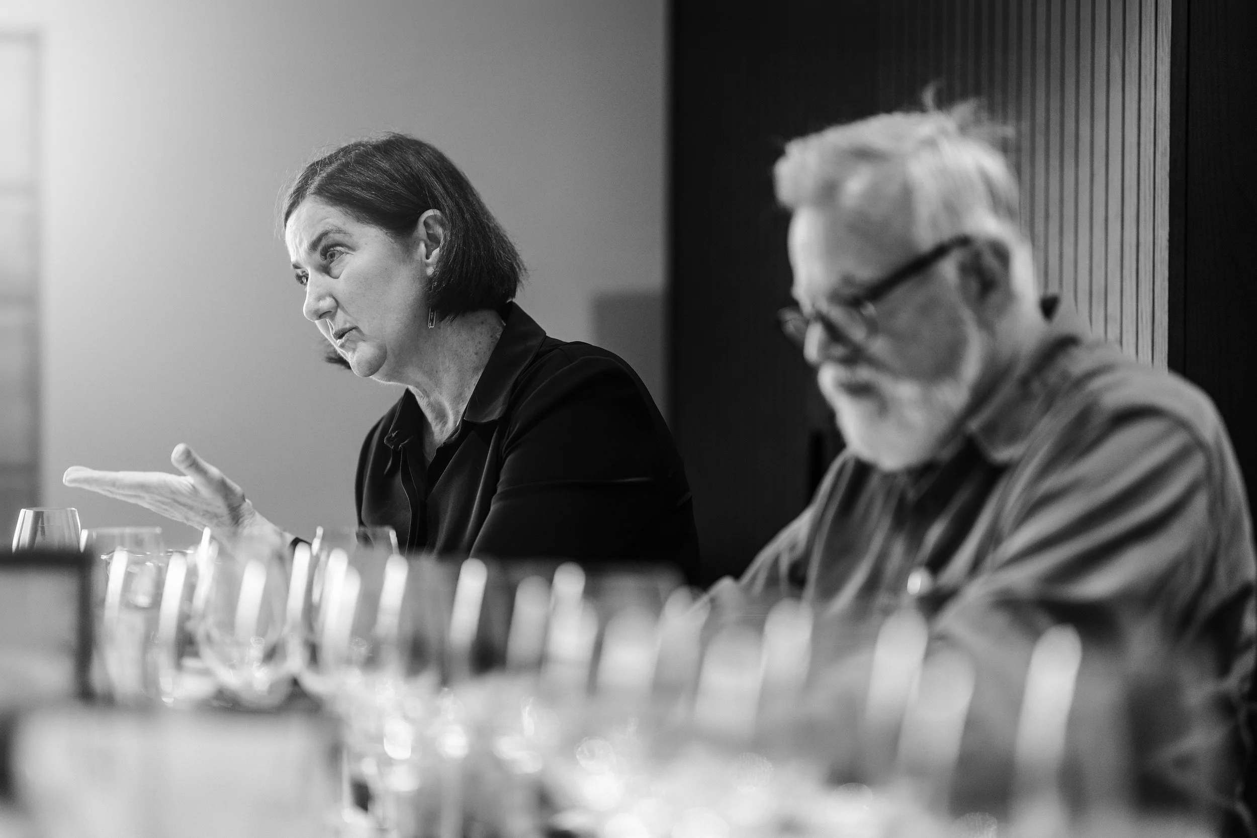 Sue Hodder at Wynns Coonawarra John Riddoch Vertical Tasting. Tony Love in the foreground.