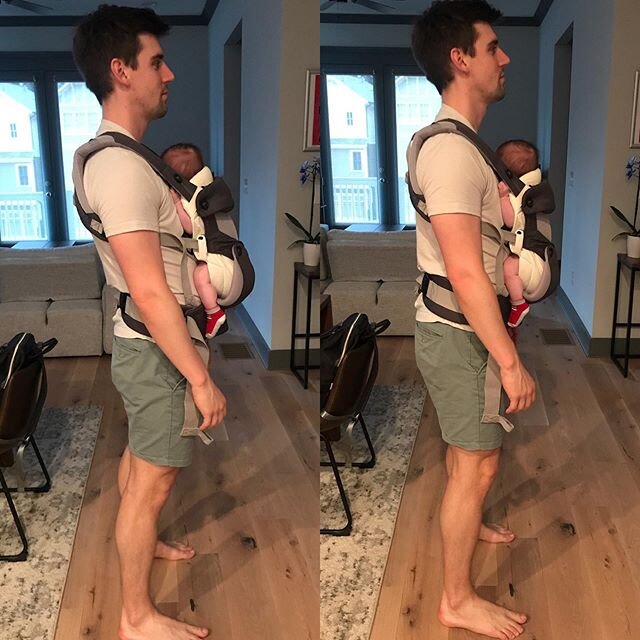 Baby wearing posture‼️ .
.
.
Throwback to when my now 30 lb toddler would only take an afternoon nap in this carrier. .
.
.
Baby wearing can be so useful for a variety of reasons; however, we want to focus on a few posture changes to make the experie