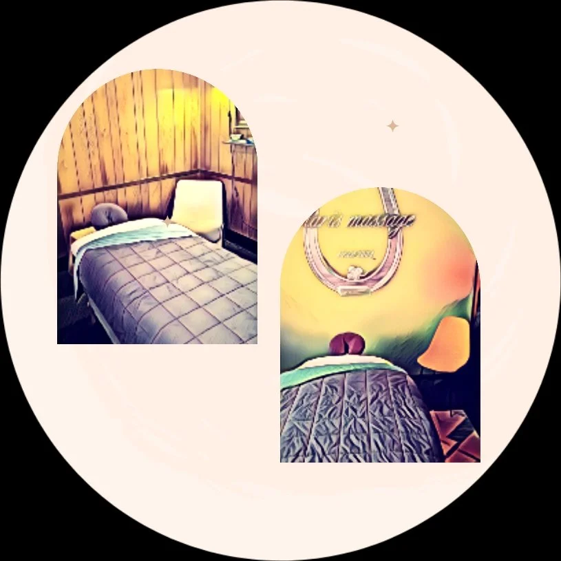 Two separate Solaris Massage treatment rooms shown in arched frames on a pale circular background.
