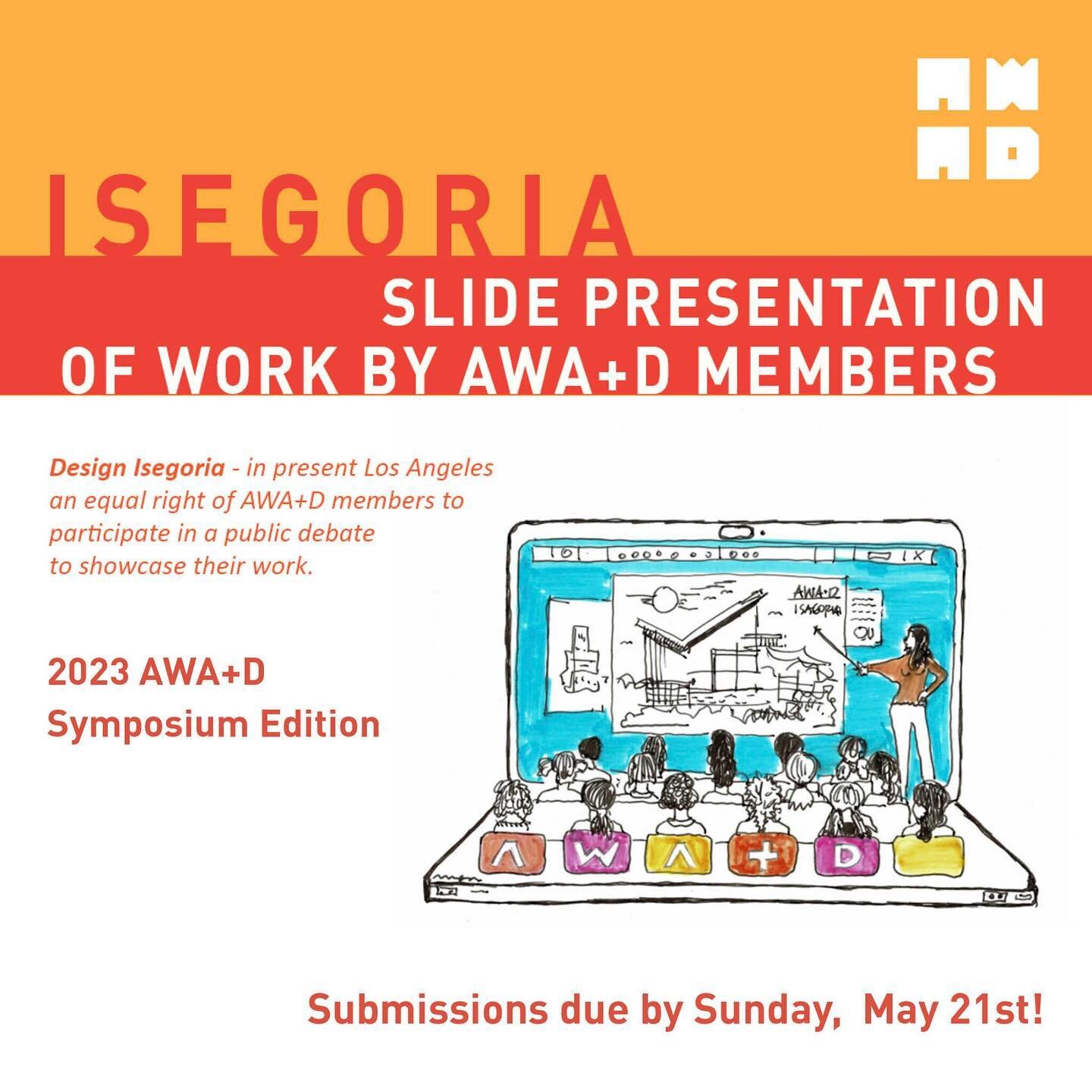 We want to showcase your work! ✨🖼️

Submit your work to be featured in our 4th Isegoria event. AWA members are able to learn about each other&rsquo;s work and celebrate women&rsquo;s contributions to our society. 

Don&rsquo;t miss AWA+D Symposium c