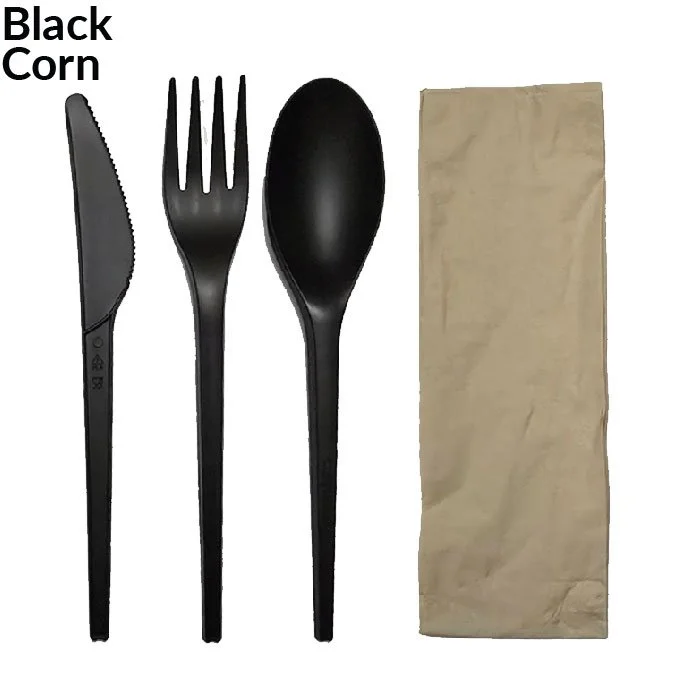 Black Corn Cutlery Set 6.5" 500 Wrapped Sets