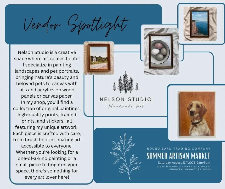 ✨ Vendor Spotlight: Nelson Studio ✨
Meet one of the many talented makers joining us for the Summer Artisan Market!

🗓️ Saturday, August 23rd, 2025
🕘 9am&ndash;5pm
📍 Round Barn Trading Company &ndash; 13736 Marigold Street NW, Andover, MN 55304

Co