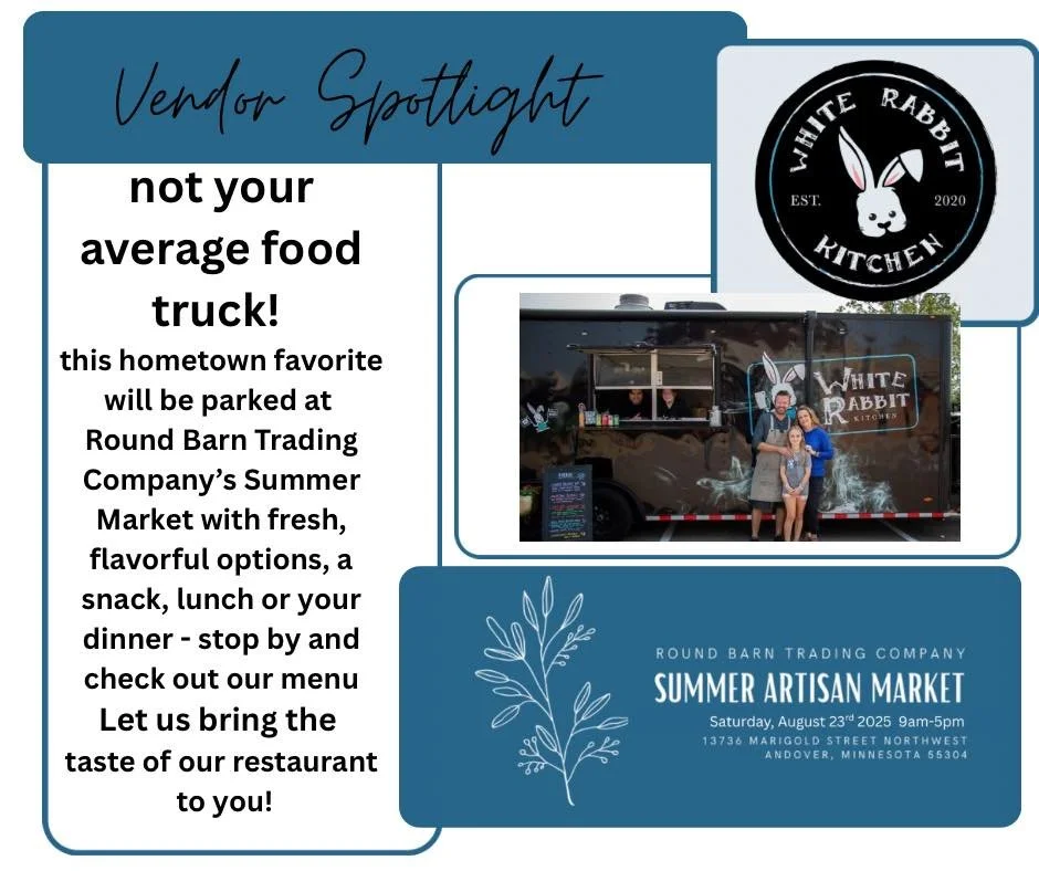 ✨ Vendor Spotlight: White Rabbit Kitchen ✨
Meet one of the many talented makers joining us for the Summer Artisan Market!

🗓️ Saturday, August 23rd, 2025
🕘 9am&ndash;5pm
📍 Round Barn Trading Company &ndash; 13736 Marigold Street NW, Andover, MN 55