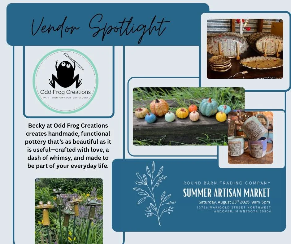 ✨ Vendor Spotlight: Odd Frog Creations ✨
Meet one of the many talented makers joining us for the Summer Artisan Market!

🗓️ Saturday, August 23rd, 2025
🕘 9am&ndash;5pm
📍 Round Barn Trading Company &ndash; 13736 Marigold Street NW, Andover, MN 5530