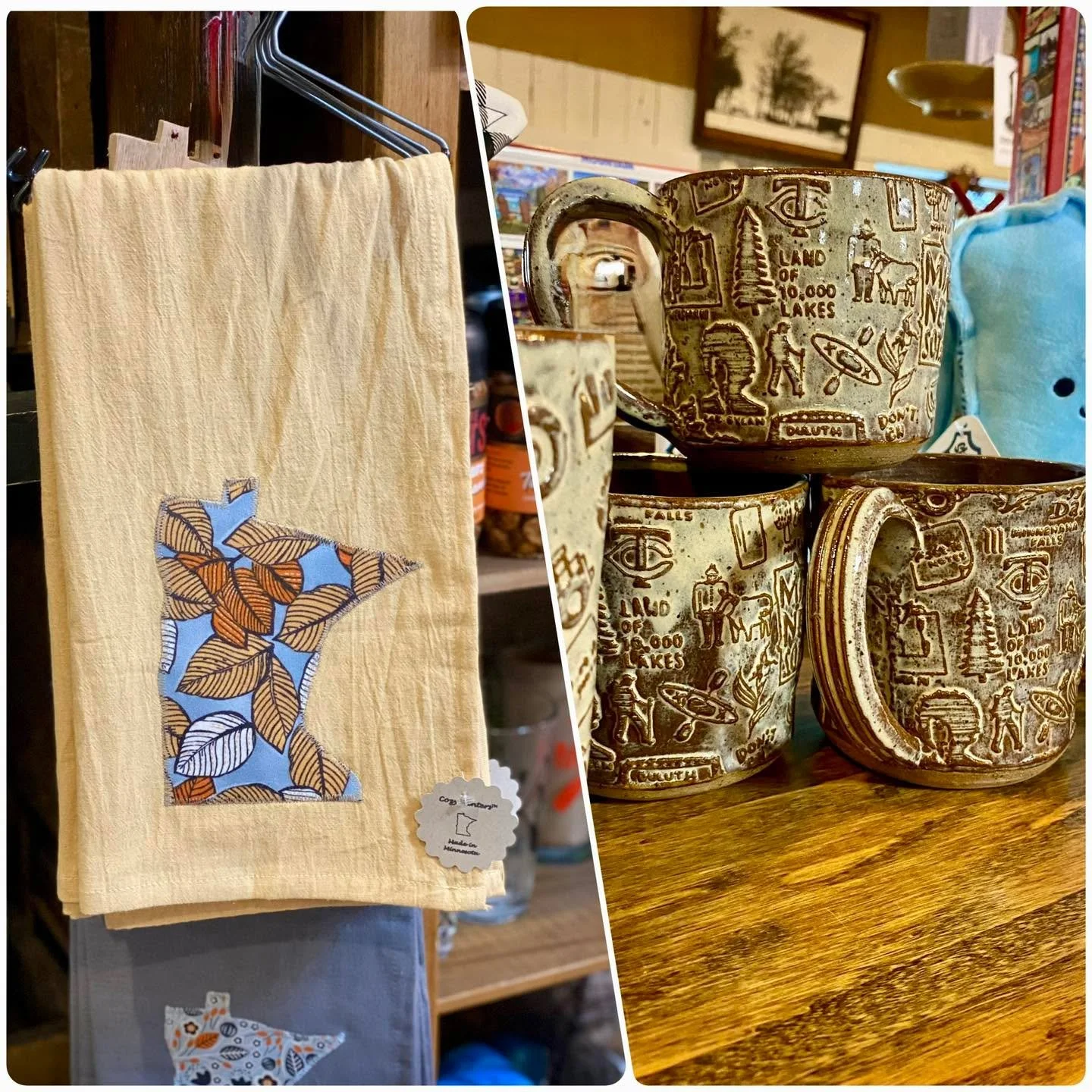 🍂✨ MN Monday vibes! Cozy mugs + autumn towels = the perfect dose of Minnesota pride. 🧡 Great for gifting, baskets, or just treating yourself. #MNMade #ShopLocal #FallVibes #FoundItInTheBarn #cozywinters #oddfrogpottery