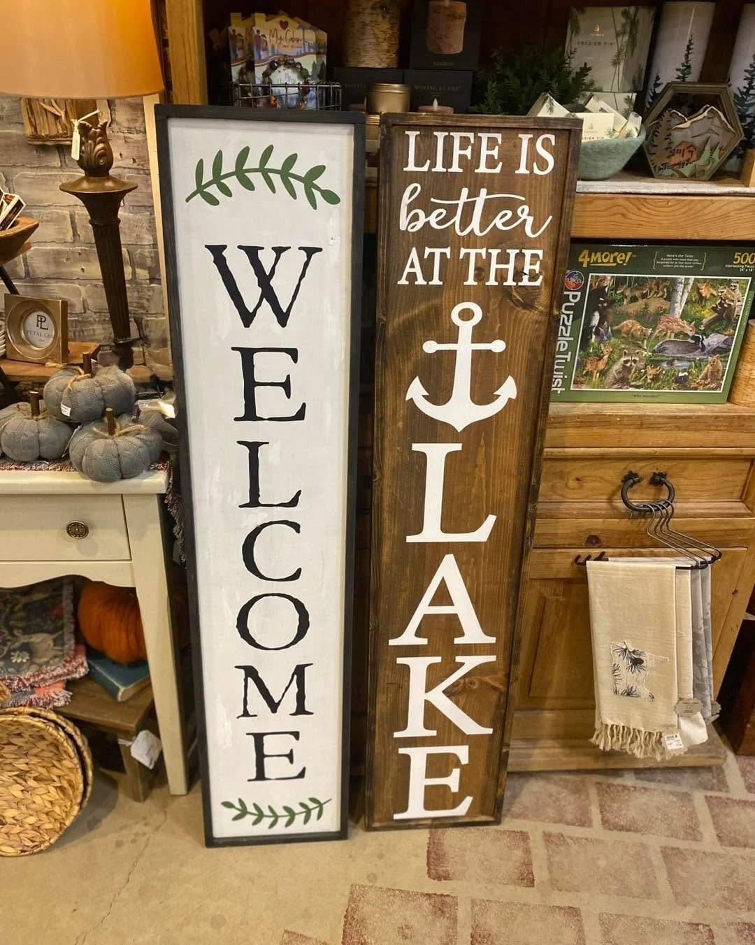 Unique and here for a minute more-  Double Sided- Porch Signs &mdash;- Handcrafted &mdash;$65 

Thanks giving /// Welcome 
Hello FALL/// Life at the Lake 

#handcrafted #FoundItInTheBarn #shoplocalmn #shoplocal
