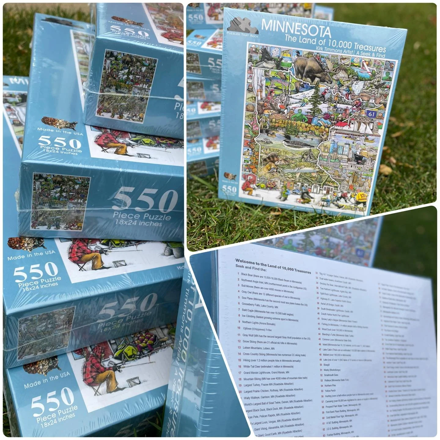 NEW PUZZLE ALERT 🧩  Minnesota, The Land of 10,000 Treasures 
Made in the USA
Seek &amp; Find - 101 Hidden items 🩵 550 pieces - we&rsquo;re so excited to find the Smokey the Bear, Snowy Lady Slipper, the Wood Duck, and the Pillsbury Doughboy! 

#han