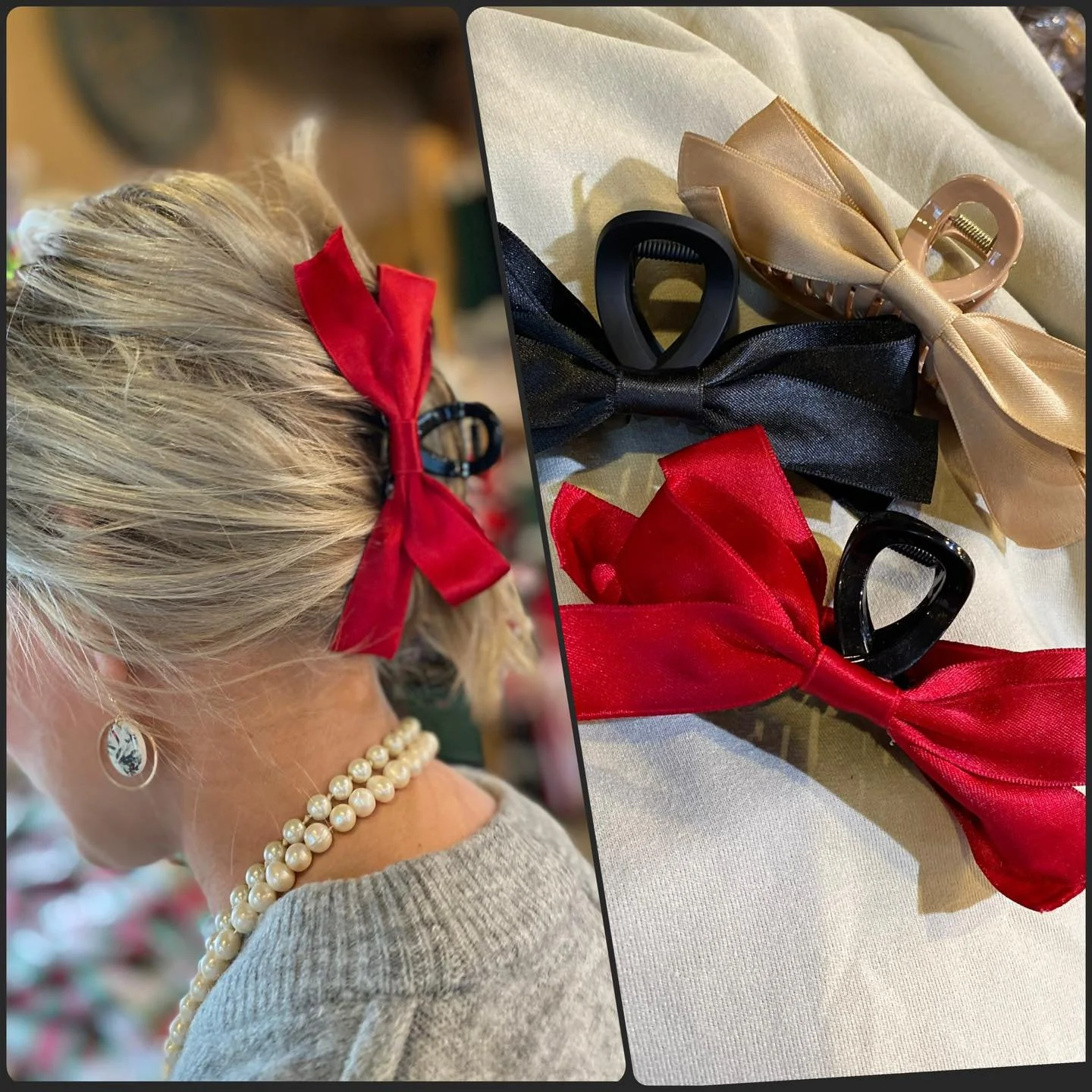 These sweet satin bow clips are giving classic charm with a modern twist &mdash; dressed up in rich reds, chic black, and soft champagne neutrals. Whether you&rsquo;re heading to a holiday party, cozy coffee date, or just elevating your everyday look