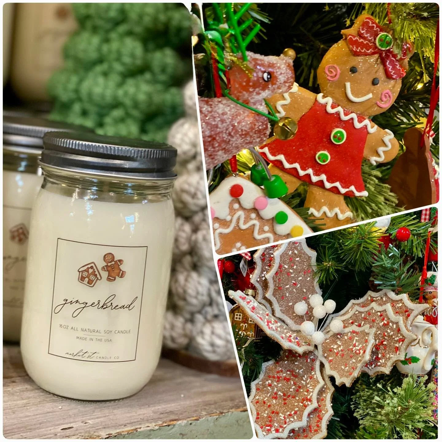 Gingerbread Candle + Sweet Ornaments

If cozy had a scent&hellip; this would be it 🤍
Our Gingerbread soy candle is bringing all the warm, bakery-fresh holiday vibes&mdash;sweet, spiced, and perfectly nostalgic.

Paired with these sugar-sweet gingerb