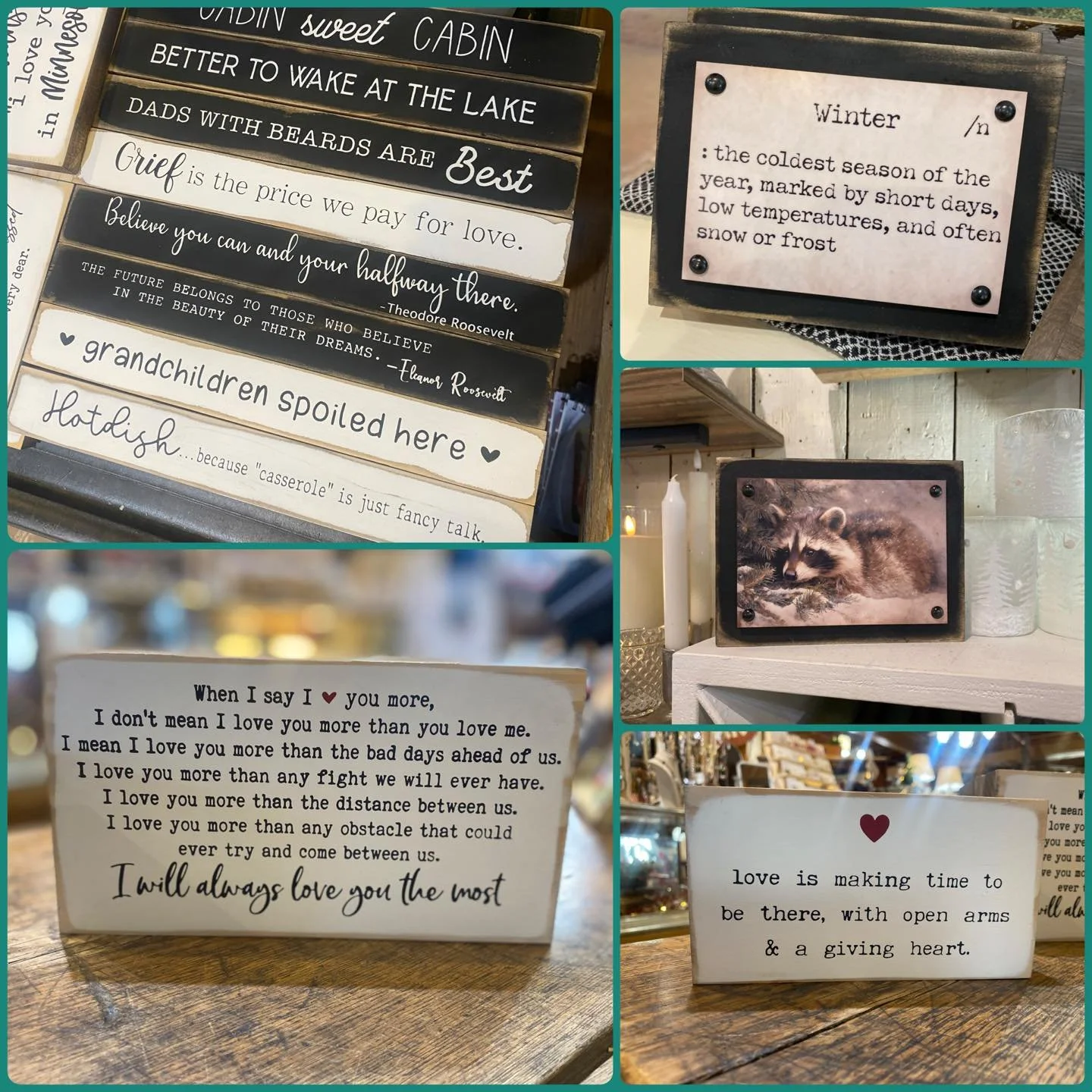 Hello WINTER! 🥶  Lynn must have stopped by on a day 20+ degrees warmer than this with new signs! 
Small skinny signs, Valentines 💘 messages and the cutest winter art to remind us it&rsquo;s just a noun&hellip;..

Barn Hours:
Monday - Saturday 10am-