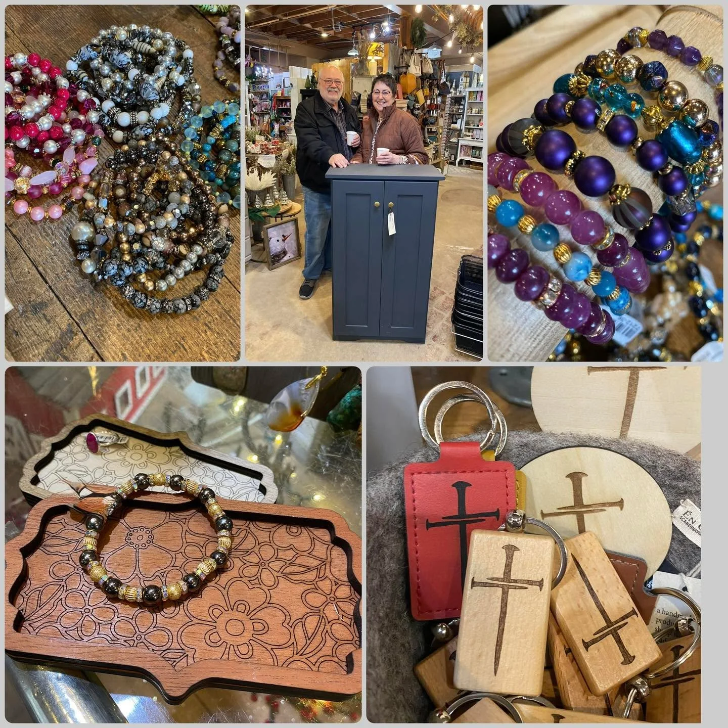 The cold weather is not slowing down this artisan team.  Keychains, Bracelets, Earnings, Trinket Trays, AND NEW FURNITURE pieces have arrived!  Stop in, warm up with us and enjoy coffee, just like Paul and Janet did!! ☕️

Barn Hours:
Monday - Saturda