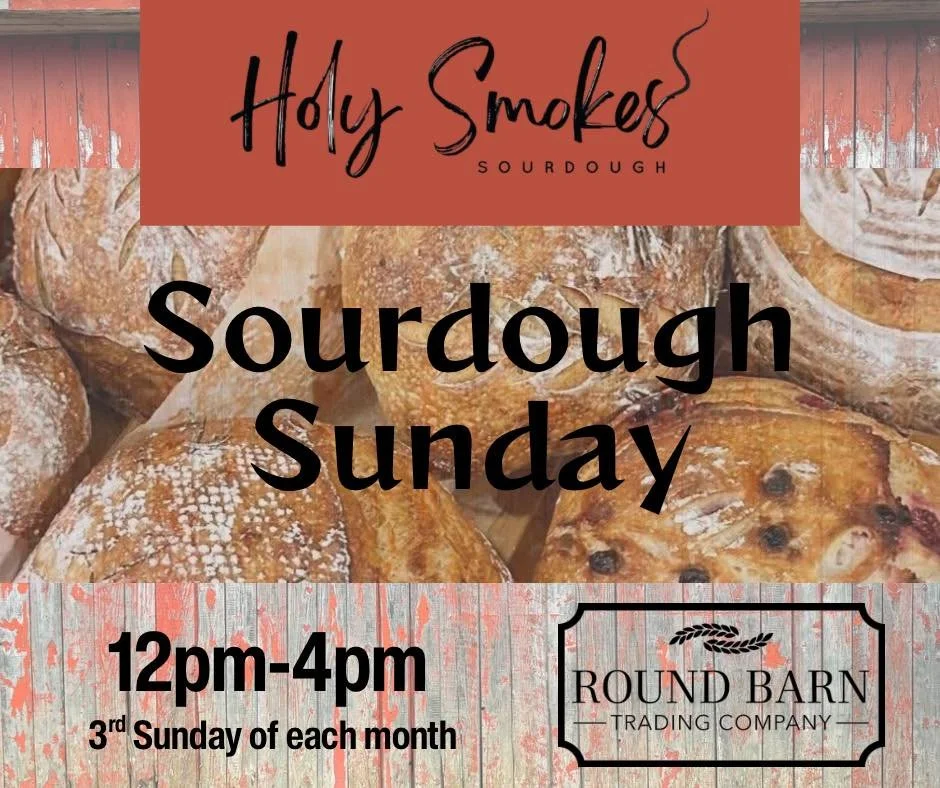 TOMORROW IS OUR FIRST SOURDOUGH SUNDAY! 
Feb.15th 12pm-4pm. Stop in and see what the buzz is all about! Bagels, Cookies, Breads in an assortment of flavors, and more. 
Holy Smokes Sourdough is AMAZING!! 

📍Round Barn Trading Company 
13736 Marigold 