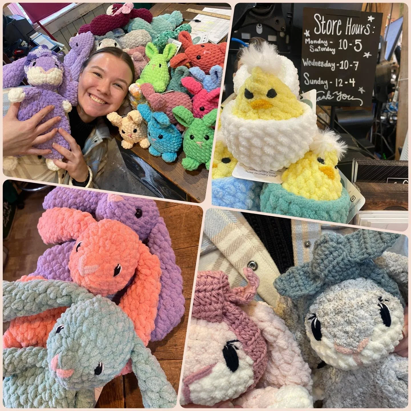 Happy almost Spring🐰🐣🥕 from Laura&rsquo;s Crochet Co. - Artisans are bringing in their Spring products, you&rsquo;ll see things are changing daily here in Round Barn Trading Company.  But what does not change are our hours! 

#SupportLocalMakers #