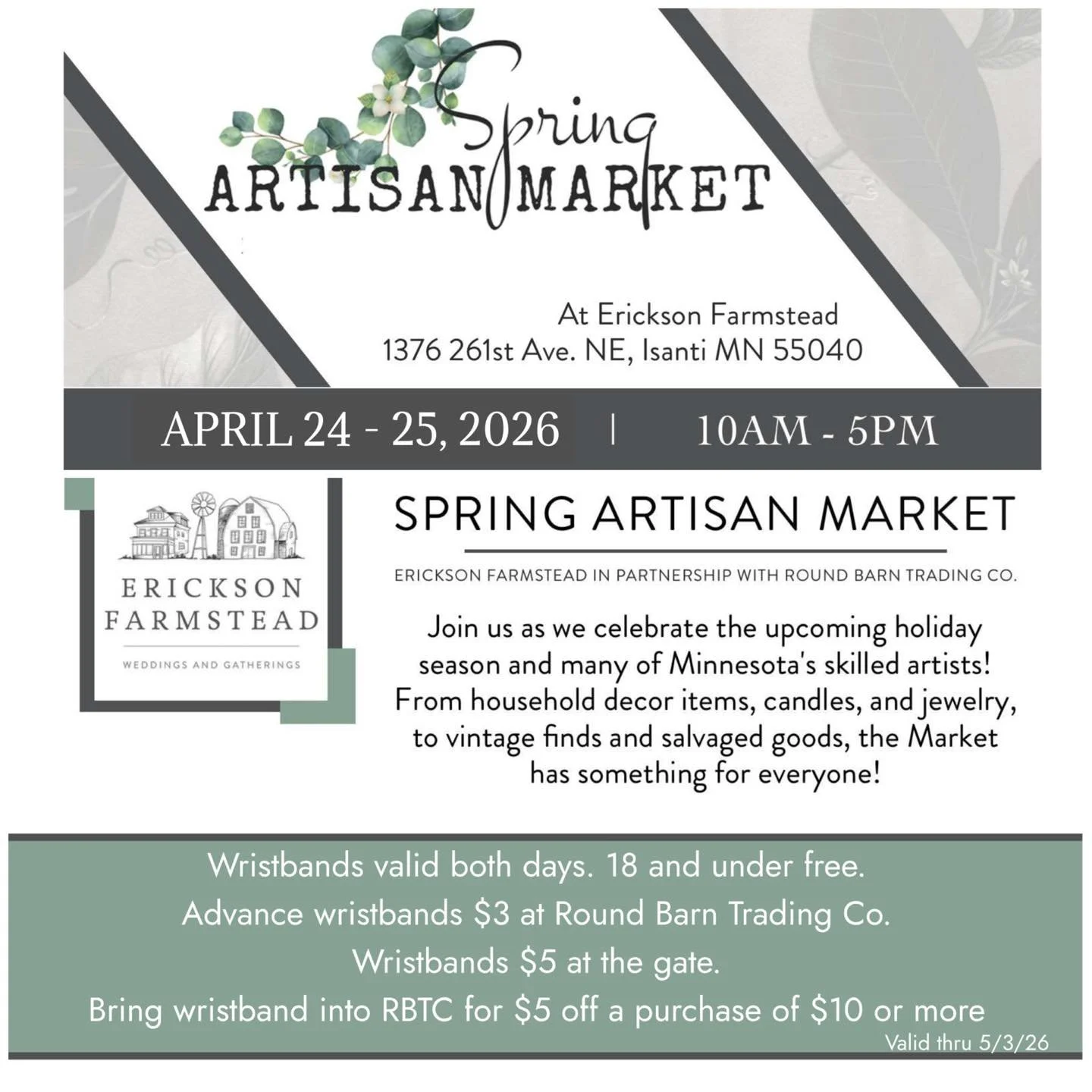 Make plans to stop in, grab your wristbands and head on out to the Spring Artisan Market🌿 just a quick 20 min drive from The Barn. 
Food Trucks, 60+ Artisans and the beautiful, historic Erickson Farmstead welcomes you! Friday and Saturday 10am-5pm.