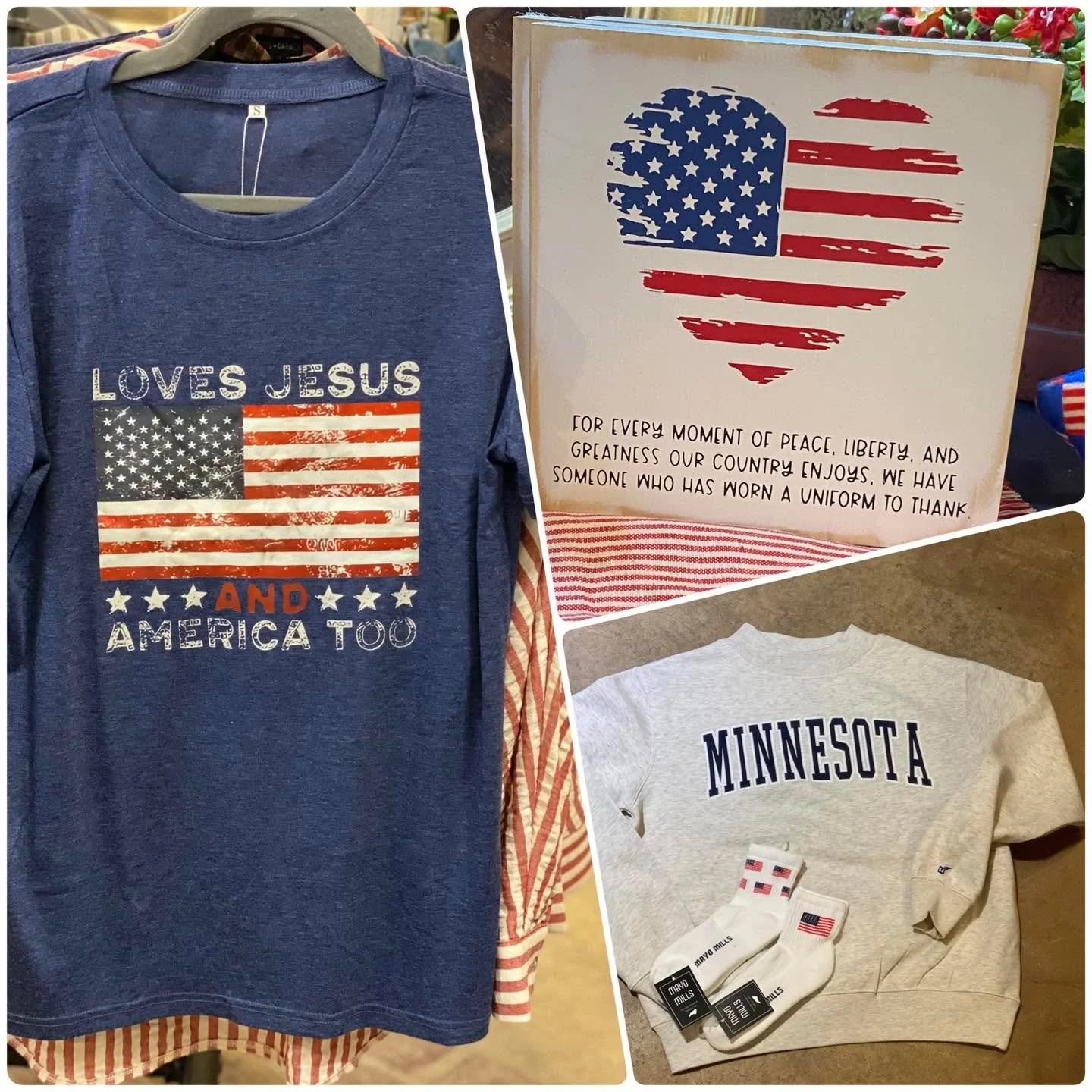 🇺🇸 ❤️ America, Minnesota, and meaningful moments. 🇺🇸

Fresh patriotic finds are filling the shop &mdash; cozy sweatshirts, Americana tees, gifts, d&eacute;cor, and little touches perfect for summer celebrations.

The Barn girls have your red, whi