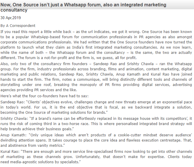 Now, One Source isn’t just a Whatsapp forum, also an integrated marketing consultancy