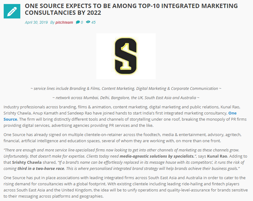 One Source expects to be among top-10 integrated marketing consultancies by 2022