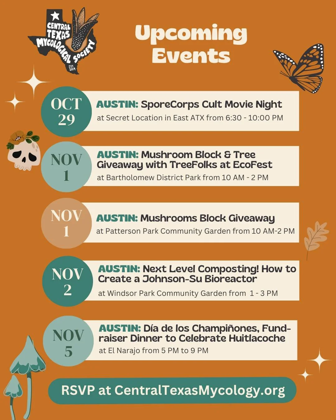 🎉 SPORE-TACULAR EVENT LINE-UP! 🍄

Check our event calendar, myco-friends! We have a fantastic lineup of events coming up. There's something for every fungi fan&mdash;from gourmet dinners to hands-on workshops and family-friendly explorations!

Here