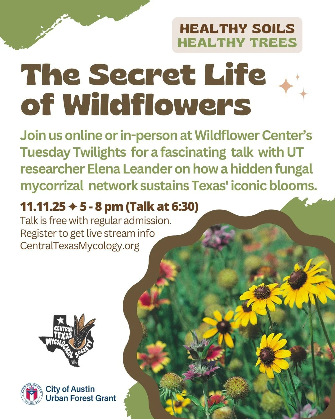 *＊✿❀ ❀✿＊* Get Ready to Grow, Texas! 🌱
On 11/11, we're teaming up with our friends at @wildflowercenter on Twilight Tuesdays for a special talk with the amazing Elena Leander about what grows beneath our feet and what blooms above! Elena's research o