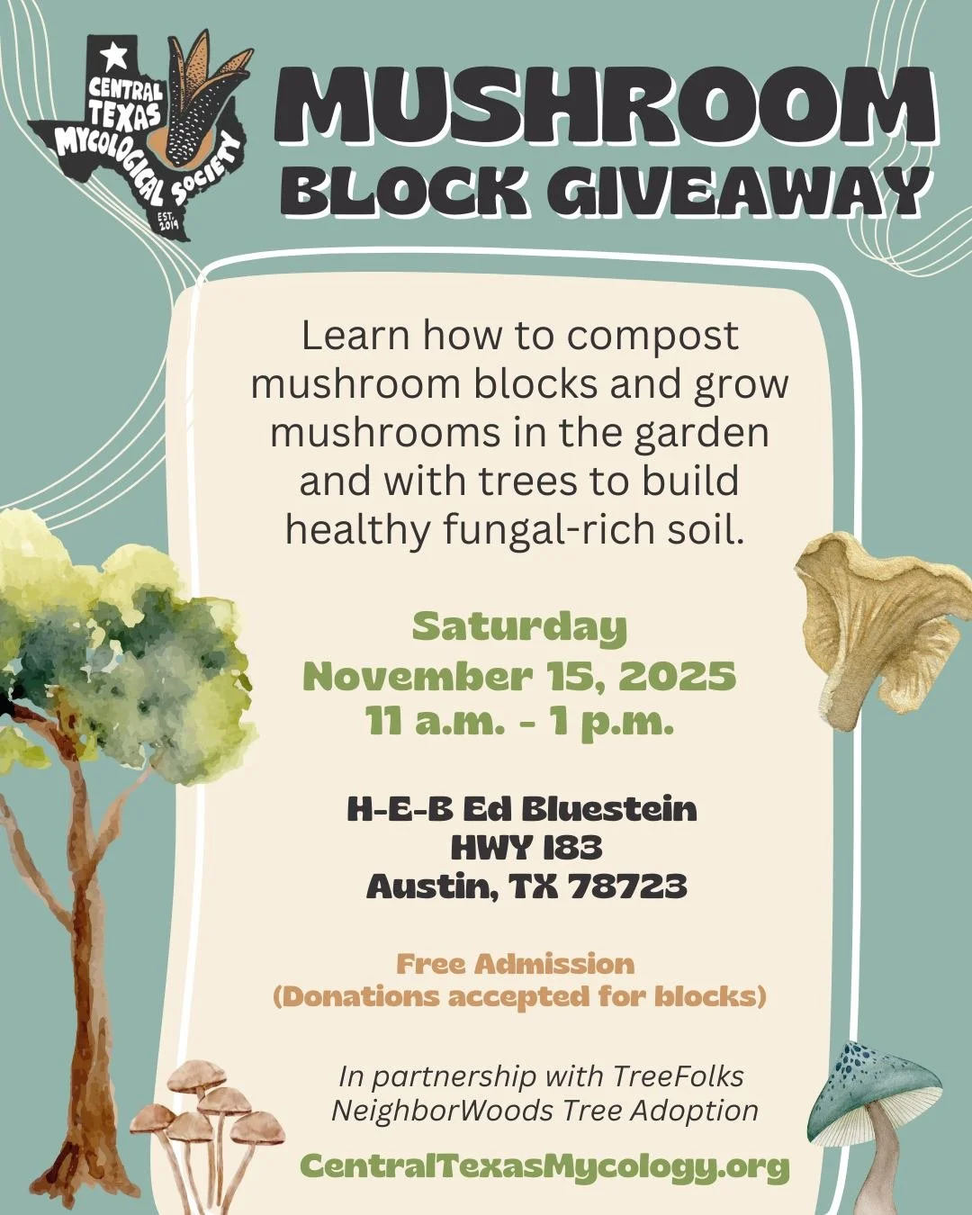 🍄 𝗙𝗜𝗡𝗔𝗟 𝗖𝗛𝗔𝗡𝗖𝗘 𝗧𝗢 𝗔𝗗𝗢𝗣𝗧 𝗔 𝗧𝗥𝗘𝗘! 🍄
This Saturday is your 𝘭𝘢𝘴𝘵 opportunity this year to get free trees from our friends at @TreeFolks at our mushroom block giveaway colab events! Come out to the H-E-B at Ed Bluestein for so