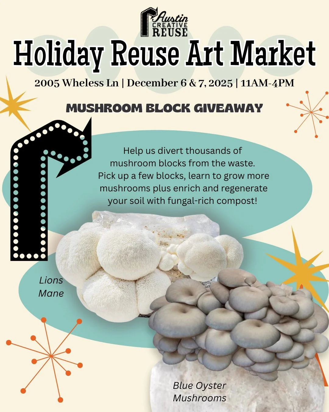 Next Mushroom Block Giveaway is with our friends at Austin Creative Reuse! ♻️🎨 Discover one-of-a-kind, handmade gifts and art from local creators, all giving new life to reclaimed and natural materials. Stop by our booth to learn fun ways to use mus
