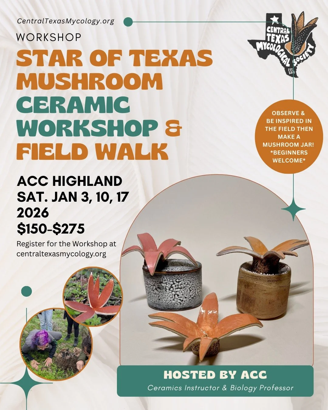 Cultivate mycology and art skills in our Star of Texas Mushroom Ceramic Workshop! https://loom.ly/EOp9pc4

Taught by @continue_acc Ceramics Instructor Lauren Tompkins and ACC Biology Professor Stephanie Martin, this workshop will take place over 3 se