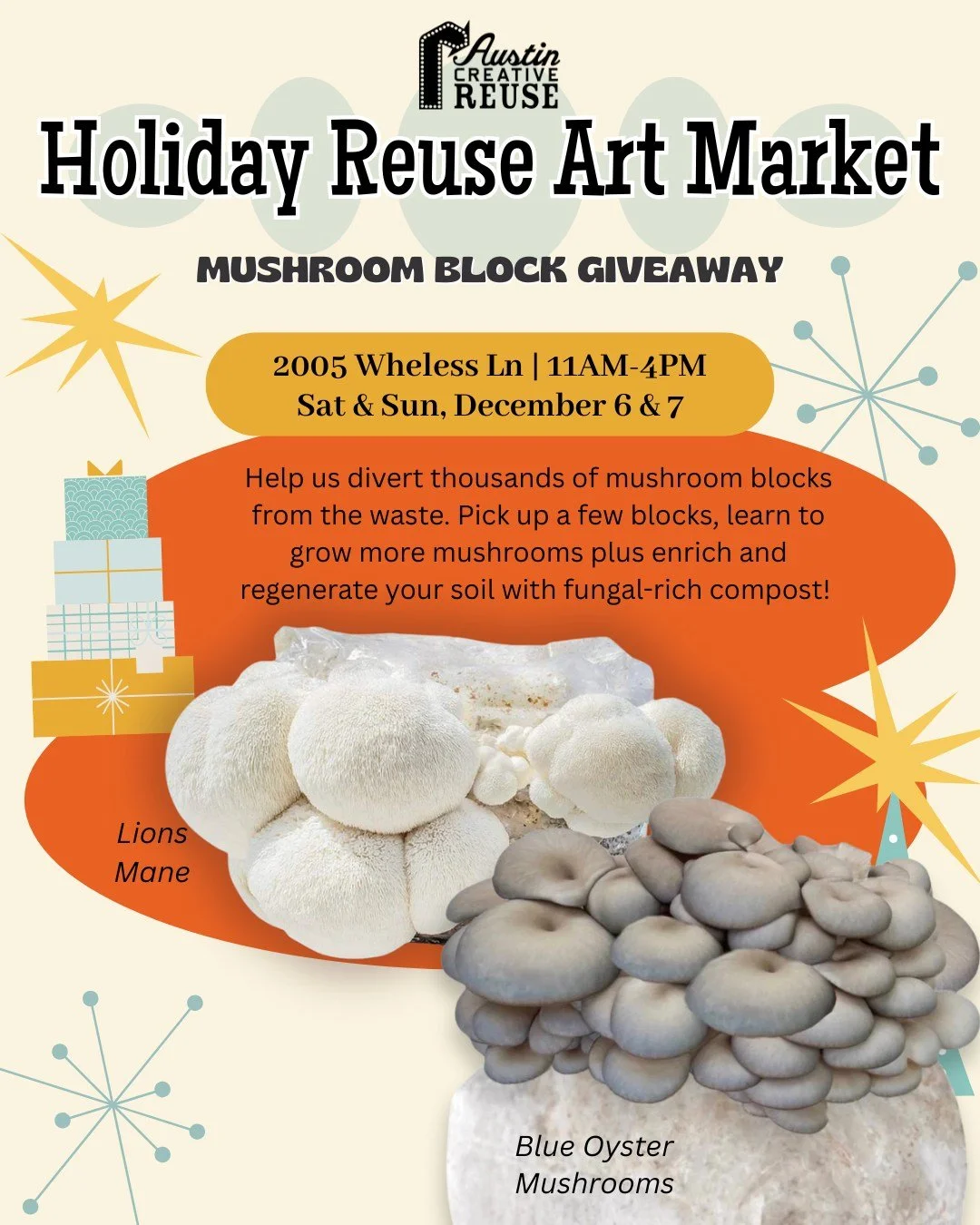 Next Mushroom Block Giveaway is with our friends at Austin Creative Reuse! ♻️🎨 Discover one-of-a-kind, handmade gifts and art from local creators, all giving new life to reclaimed and natural materials. Stop by our booth to learn fun ways to use mus