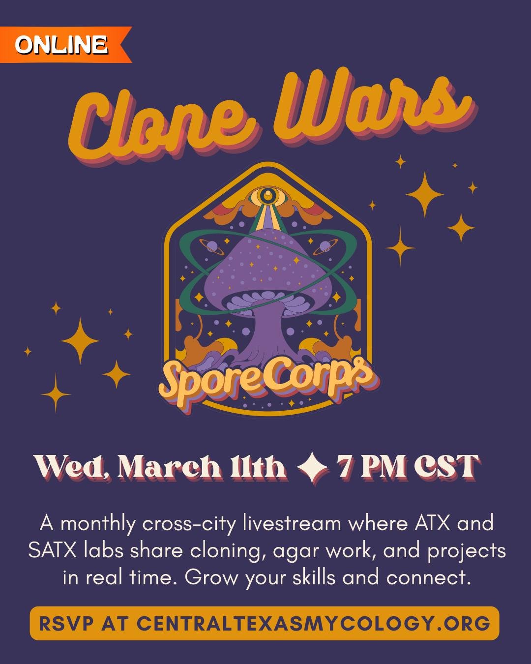 Get ready for a mycology meetup with a mission! 🧫⚔️

This month's SporeCorps Clone Wars is going deep on a real-world project. Members from Austin and San Antonio will be sharing their work cloning native Turkey Tail mushrooms (Trametes versicolor) 