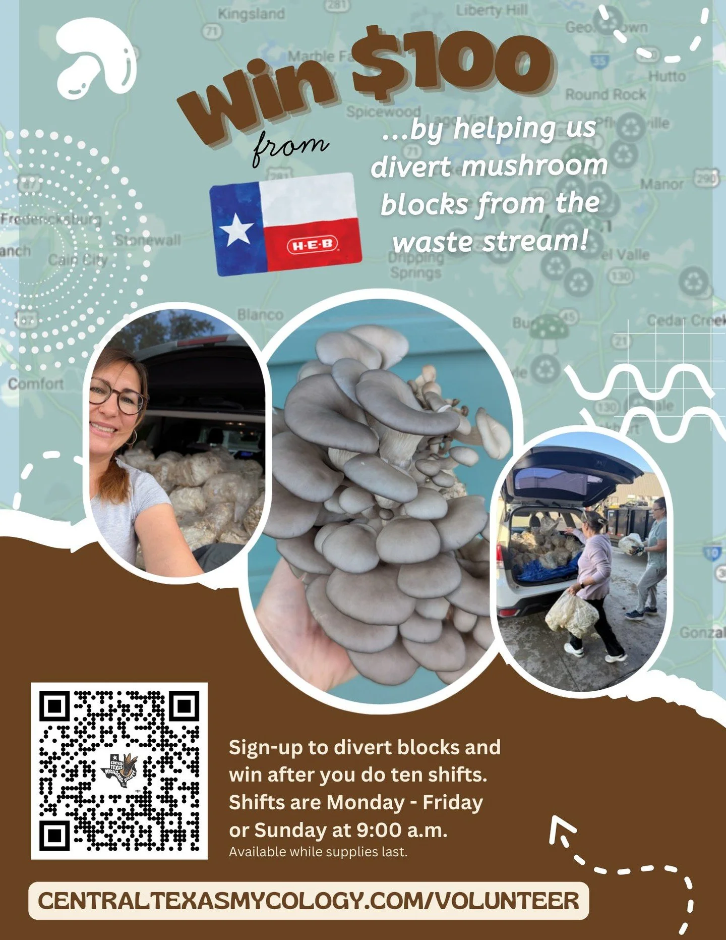 Just in time for gardening season! Help us divert "spent" mushroom blocks from landfills and earn a $100 H‑E‑B gift card after just 10 volunteer shifts. 🍄✨

🚗 Pick up blocks from local farms, keep half for yourself, and drop the rest at c
