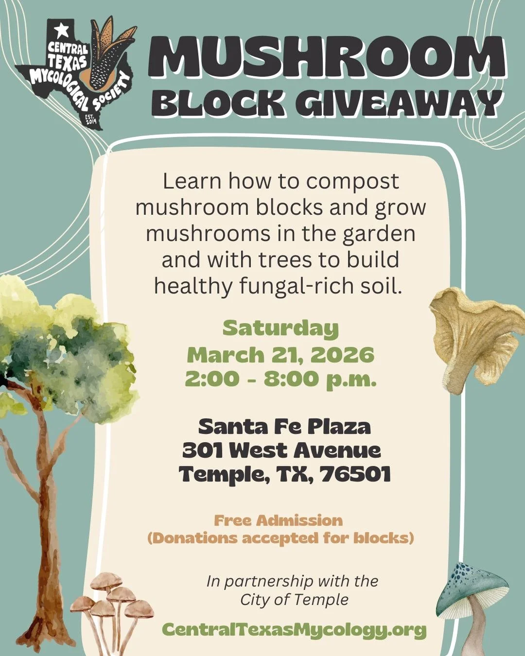 Get ready, Temple! 🍄 We are loading up the Mushroom Block Giveaway and coming to town, and you won't want to miss it!

Join us THIS Saturday, March 21st, from 2-8 PM at Santa Fe Plaza. We&rsquo;ll be handing out mushroom blocks and showing you exact