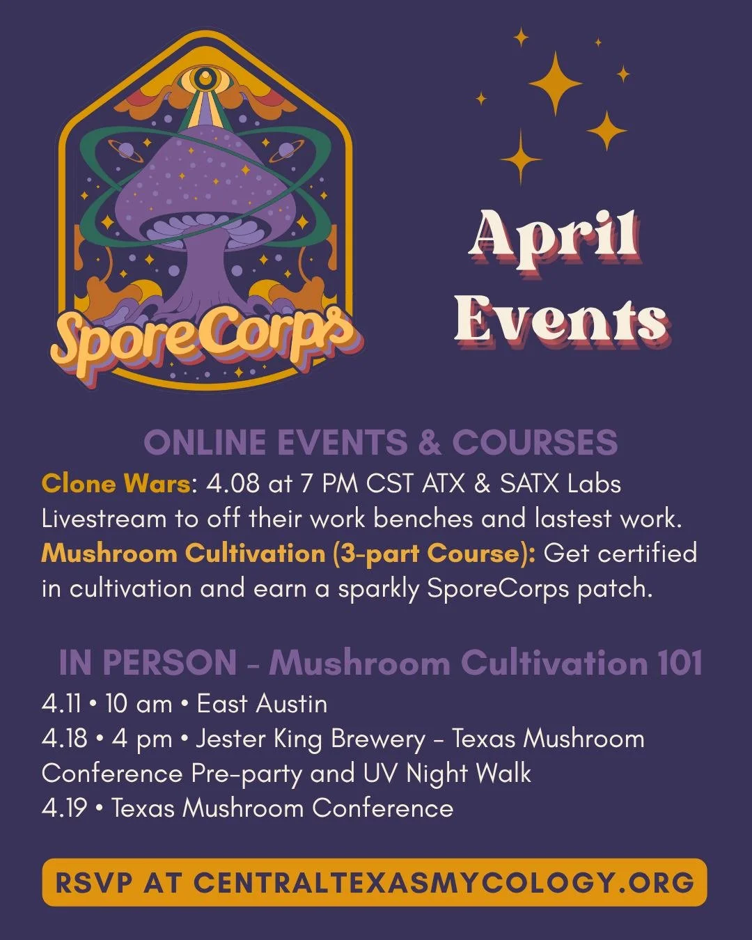 👾☄️🌈🚀⚡♾ SPORECORPS is making a hard landing this next month and there are several ways to level up your mycology game 🍄🔬

ONLINE: Clone Wars Lab Night
4/8 &bull; 7pm CST &bull; Watch ATX &amp; SATX labs do sterile culture in real time&mdash;agar