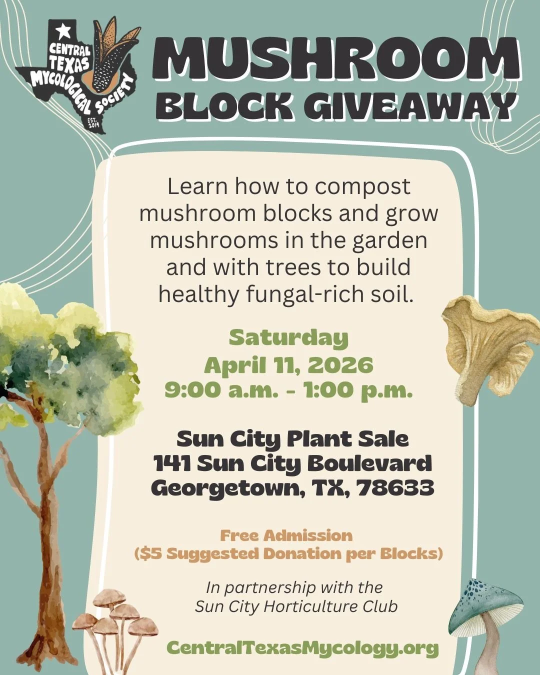 🌧️☀️ RAIN OR SHINE &ndash; Georgetown This Saturday!

What: Mushroom Block Giveaway at the Sun City Plant Sale
When: Saturday, April 11 ⏰ 9 am &ndash; 1 pm
Where: Sun City (look for 🍄 blox)

🍄 How it works: Local mushroom farms donate their spent 