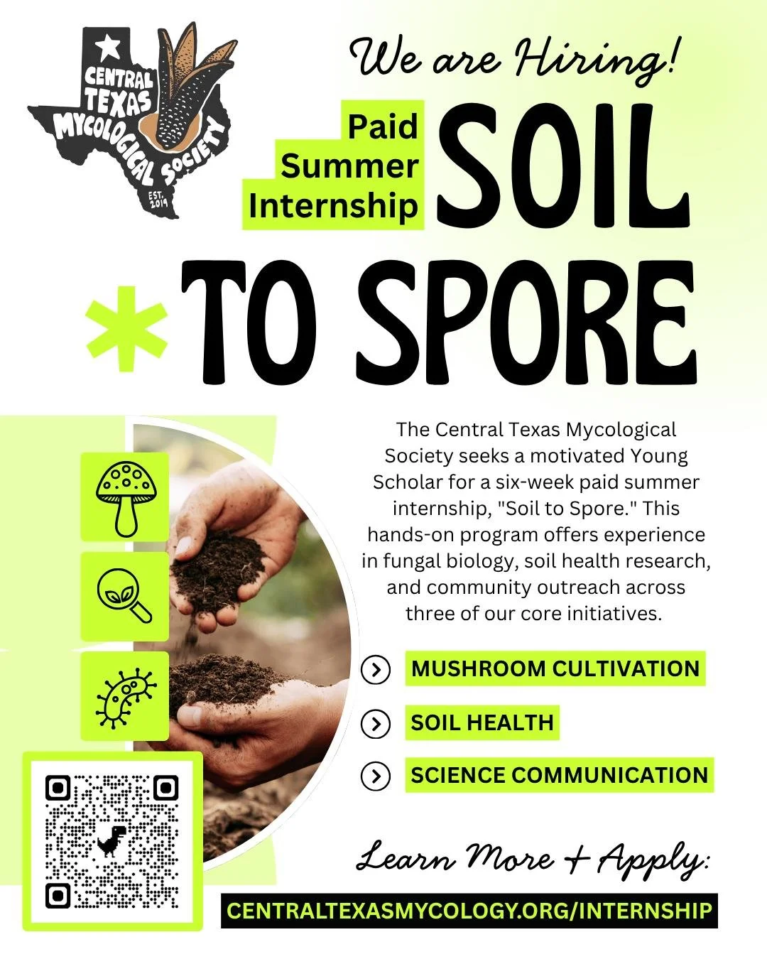We are Hiring! 🌟 Seeking a Young Scholar for a PAID summer internship.

🔬 From Soil to Spore
🍄 Hands-on fungal biology &amp; mushroom cultivation
🌱 Field research on soil health
🗣️ Community science &amp; outreach

📅 6 weeks | June 1 &ndash; Ju