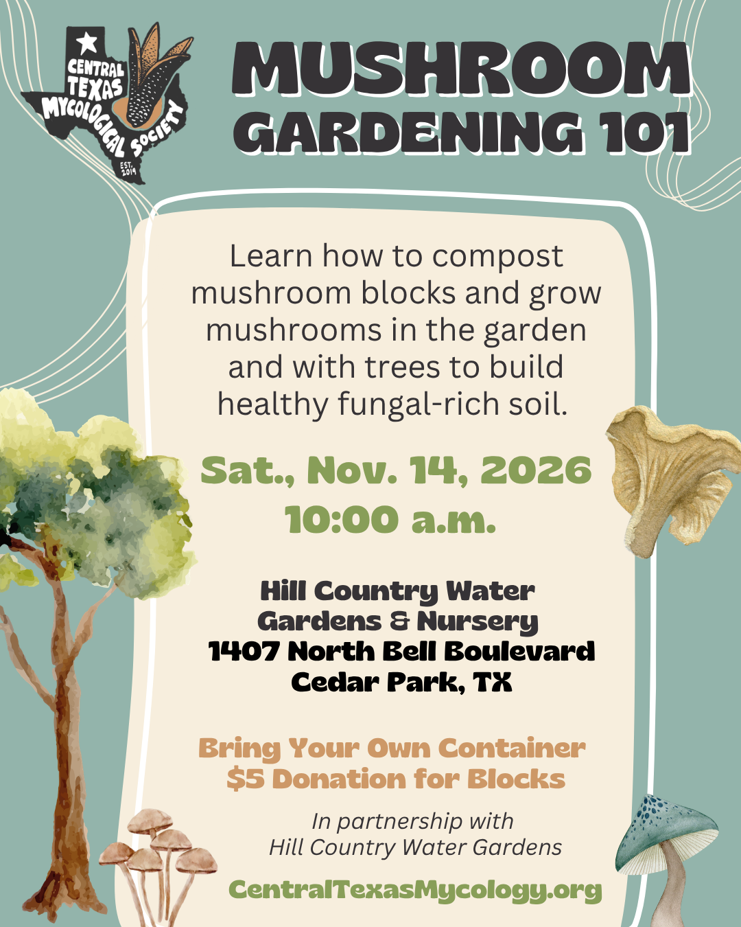 AUSTIN: Mushroom Gardening Workshop (11/14)