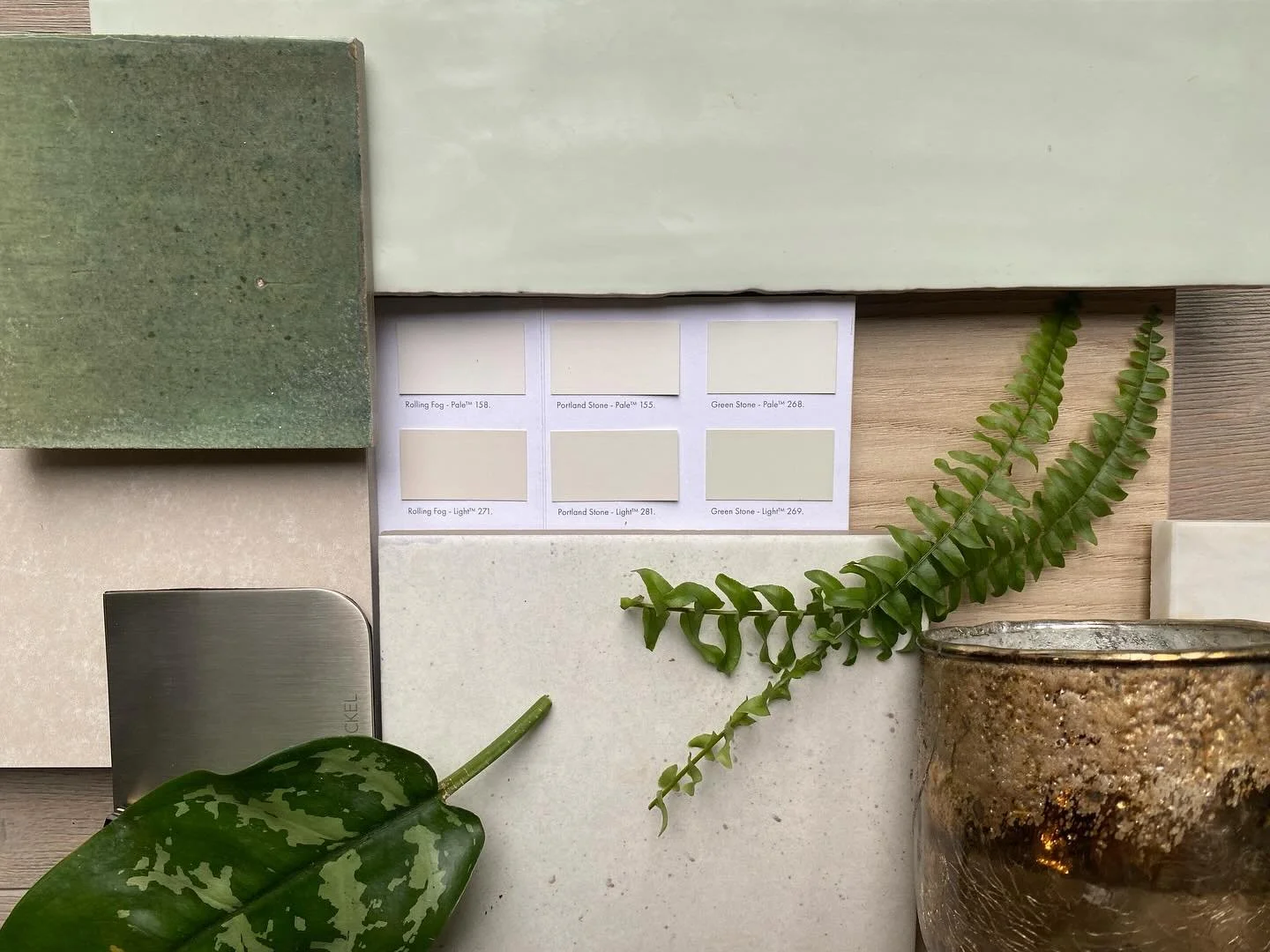 A calming palette of neutrals and soft green tones for a client master bathroom renovation #projectmanagement #designsolutions #bathroominspo #mandarinstone #capietra_artisans #littlegreene