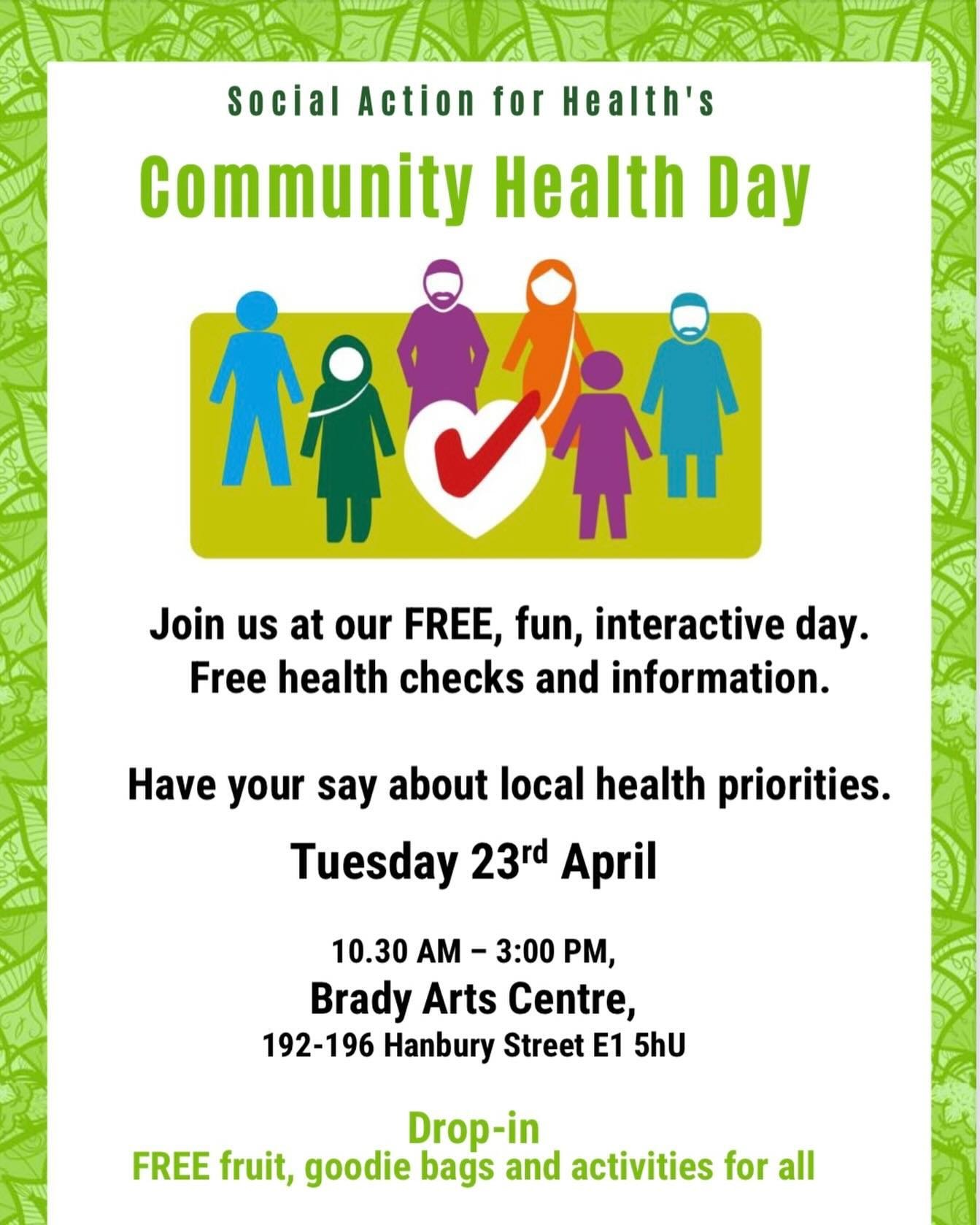We are hosting a community health day! 🥳

Join us at our FREE, fun, interactive health day at Brady Arts Centre, Hanbury Street, E1 5HU. 10:30am &ndash; 3pm.

🤩 Drop in! 
💷 FREE!
Physical health checks and information: 
❤️blood pressure, 
📈blood 