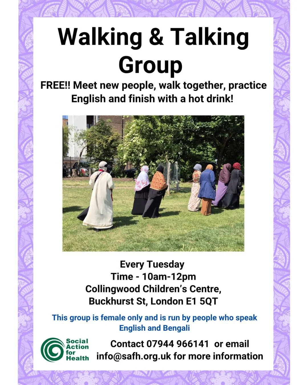 A new season is underway, and we are welcoming new participants to our Walking and Talking Groups for Bengali women to practice English conversation and take part in some exercise. We&rsquo;ve even produced some new flyers with all the details!!! 🌸?