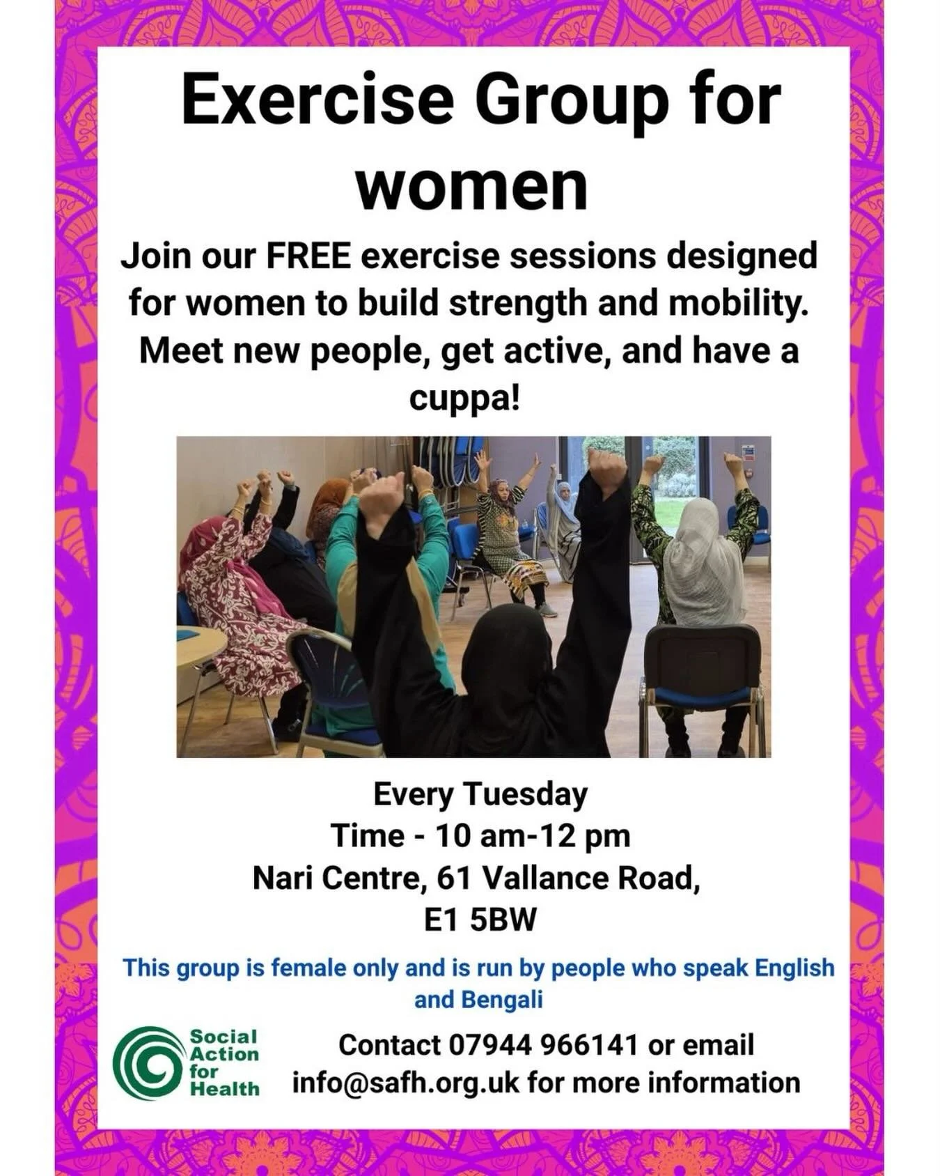 New year new you! 🌱

Come along to our FREE exercise session for in the newly opened Nari Centre for Women. Starts Tuesday 13th of January. 

Sessions will be led by an exercise instructor and bi-lingual community facilitator. See you there. 💫