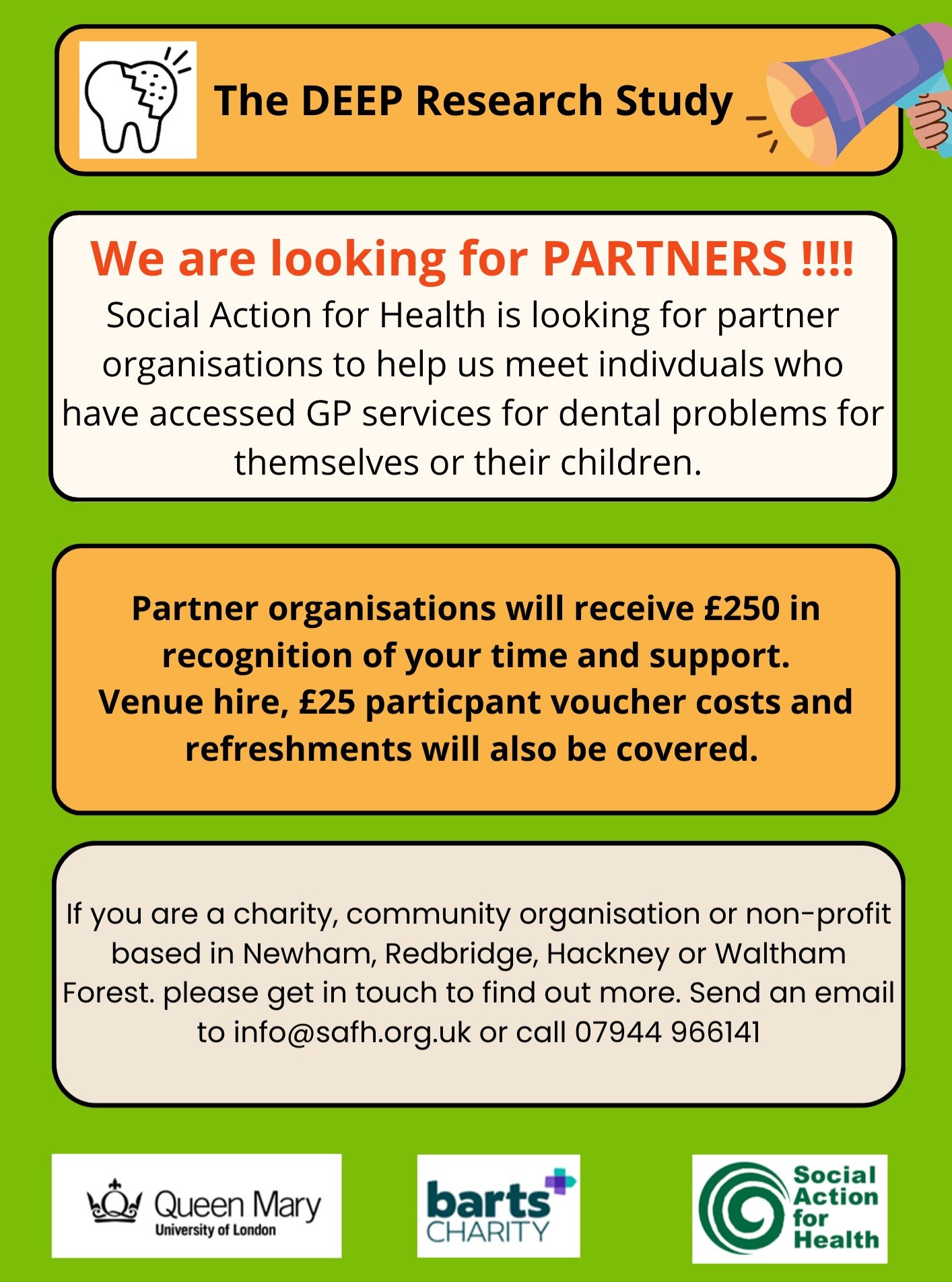 We are excited to start work on The DEEP Study: DEntal patient Encounters in general medical Practices, with the Institute of Dentistry, Queen Mary University of London. 

We are looking for community groups and organisations in North East London who