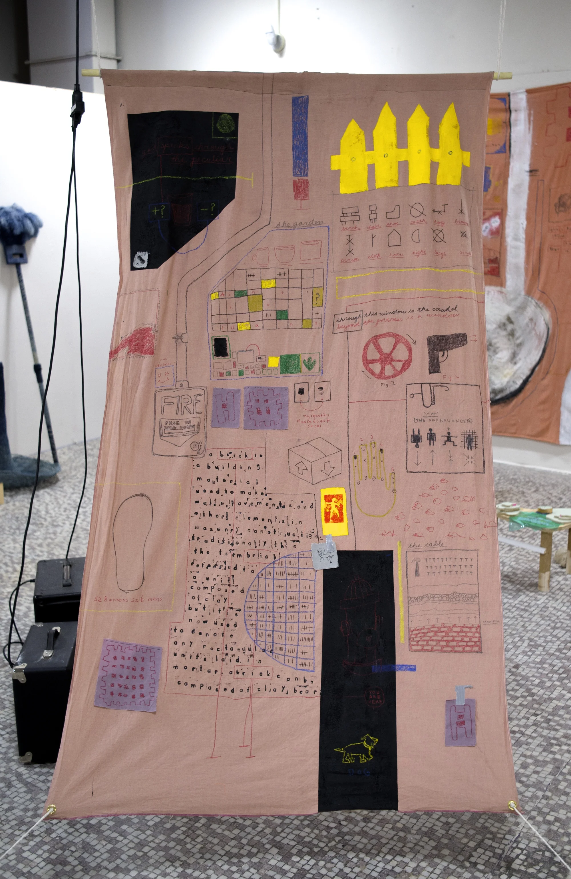 Suldano Abdiruhman i lost my way and found it back graphite, ink, gesso, crayon, china marker, acrylic, found fabric 2018