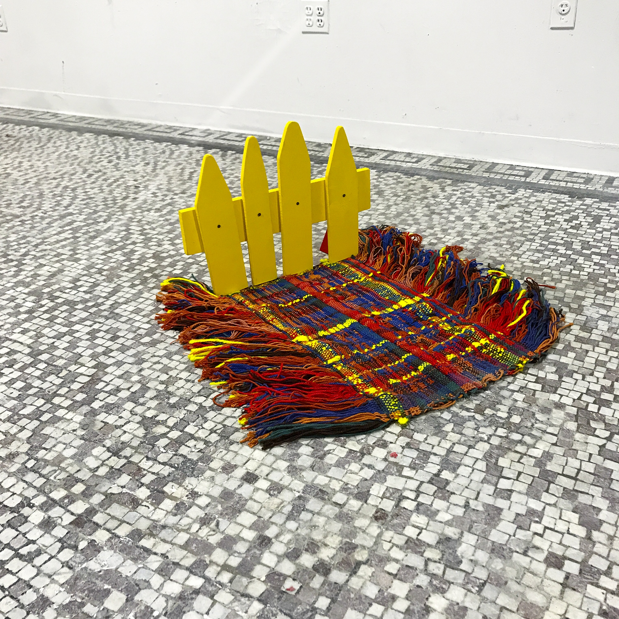 Suldano Abdiruhman, wipe your feet, handwoven fabric, handmade wooden fence, 2017